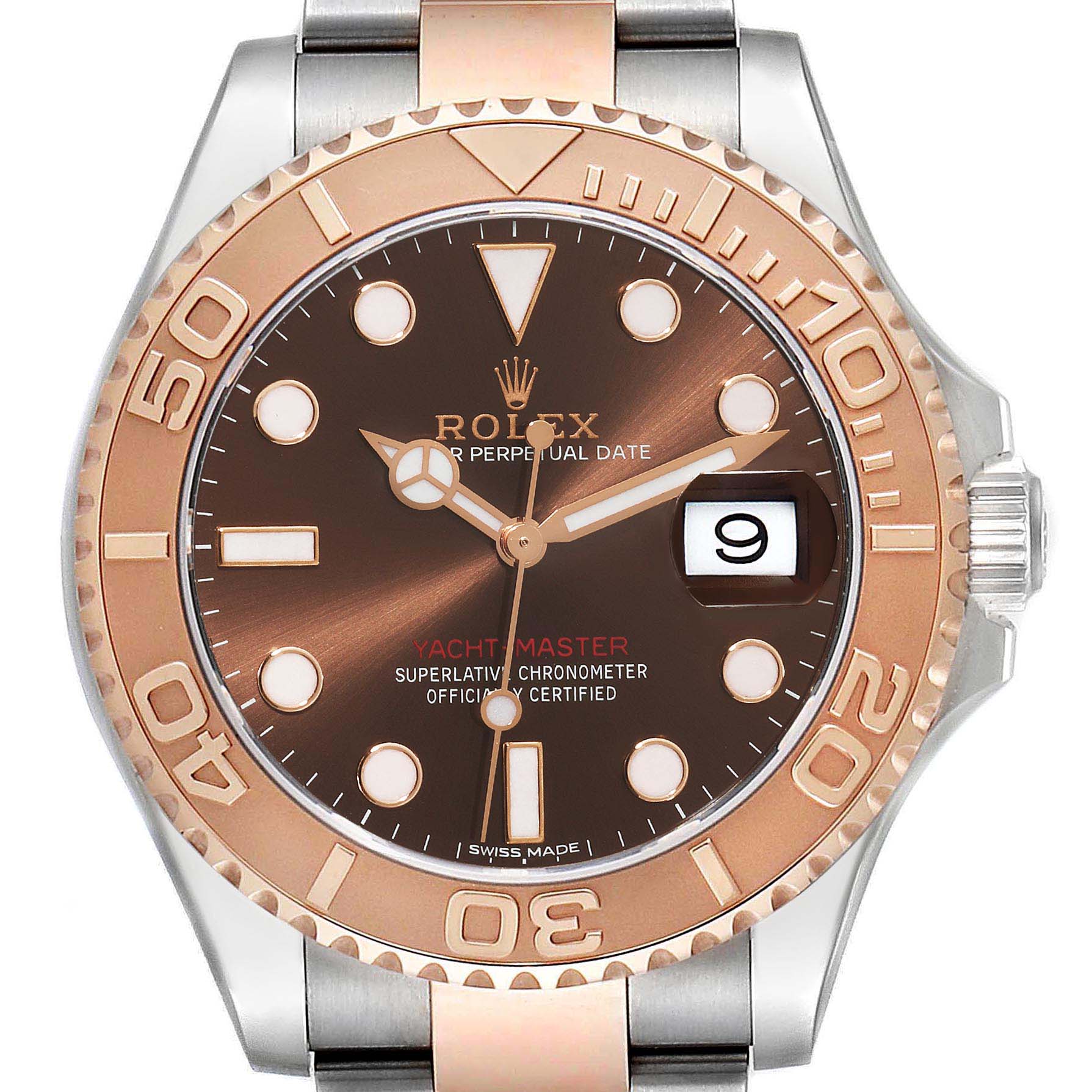 The image shows a frontal view of the Rolex Yacht-Master 116621 Men's Steel and Gold (two tone) Brown Dial 116621 Men's Steel and Gold (two tone) Brown Dial watch, highlighting its dial, bezel, and part of the bracelet.