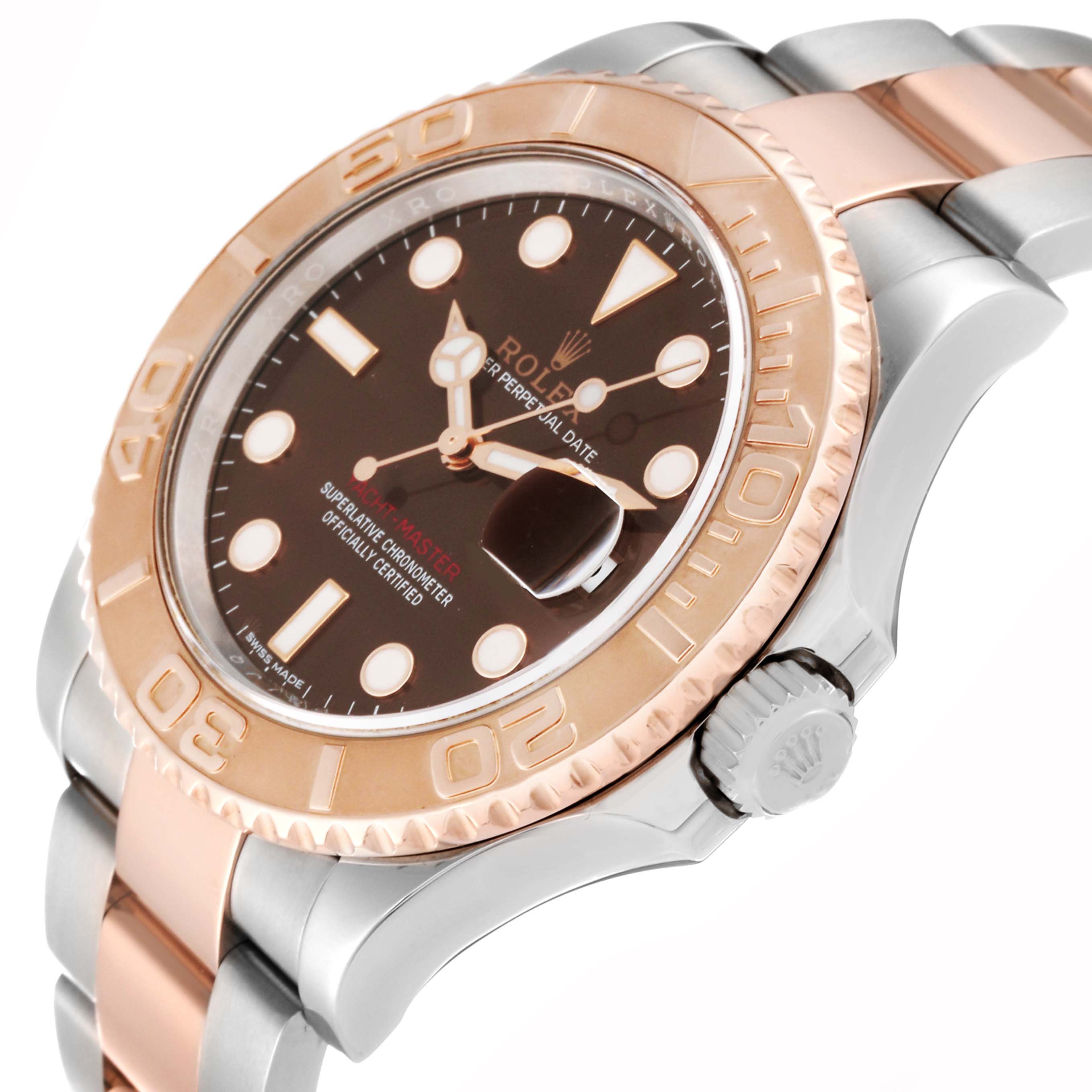 The image shows a side-angle view of a Rolex Yacht-Master 116621 Men's Steel and Gold (two tone) Brown Dial 116621 Men's Steel and Gold (two tone) Brown Dial watch, highlighting the bezel, dial, and crown.