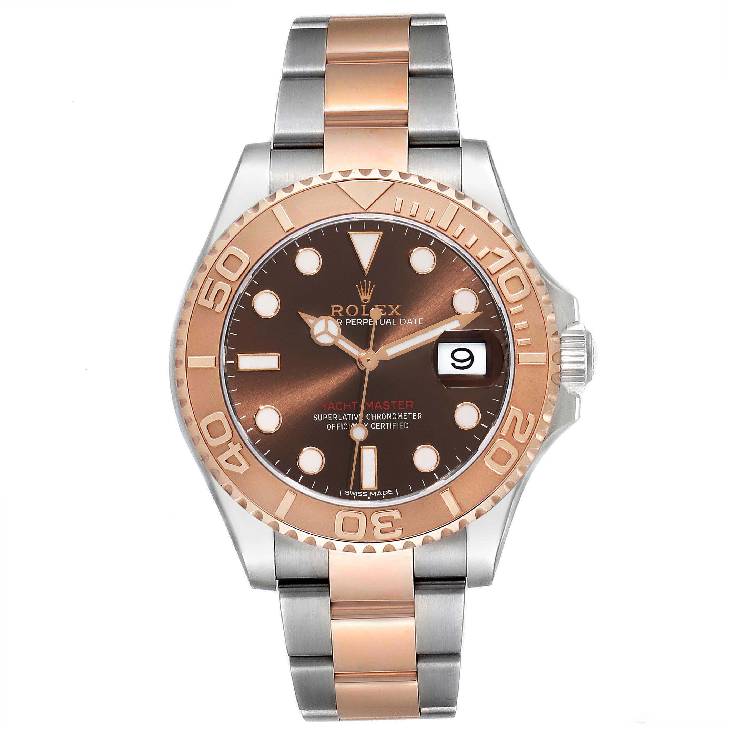 This image shows a front view of the Rolex Yacht-Master 116621 Men's Steel and Gold (two tone) Brown Dial 116621 Men's Steel and Gold (two tone) Brown Dial watch, highlighting the dial, bezel, and bracelet.