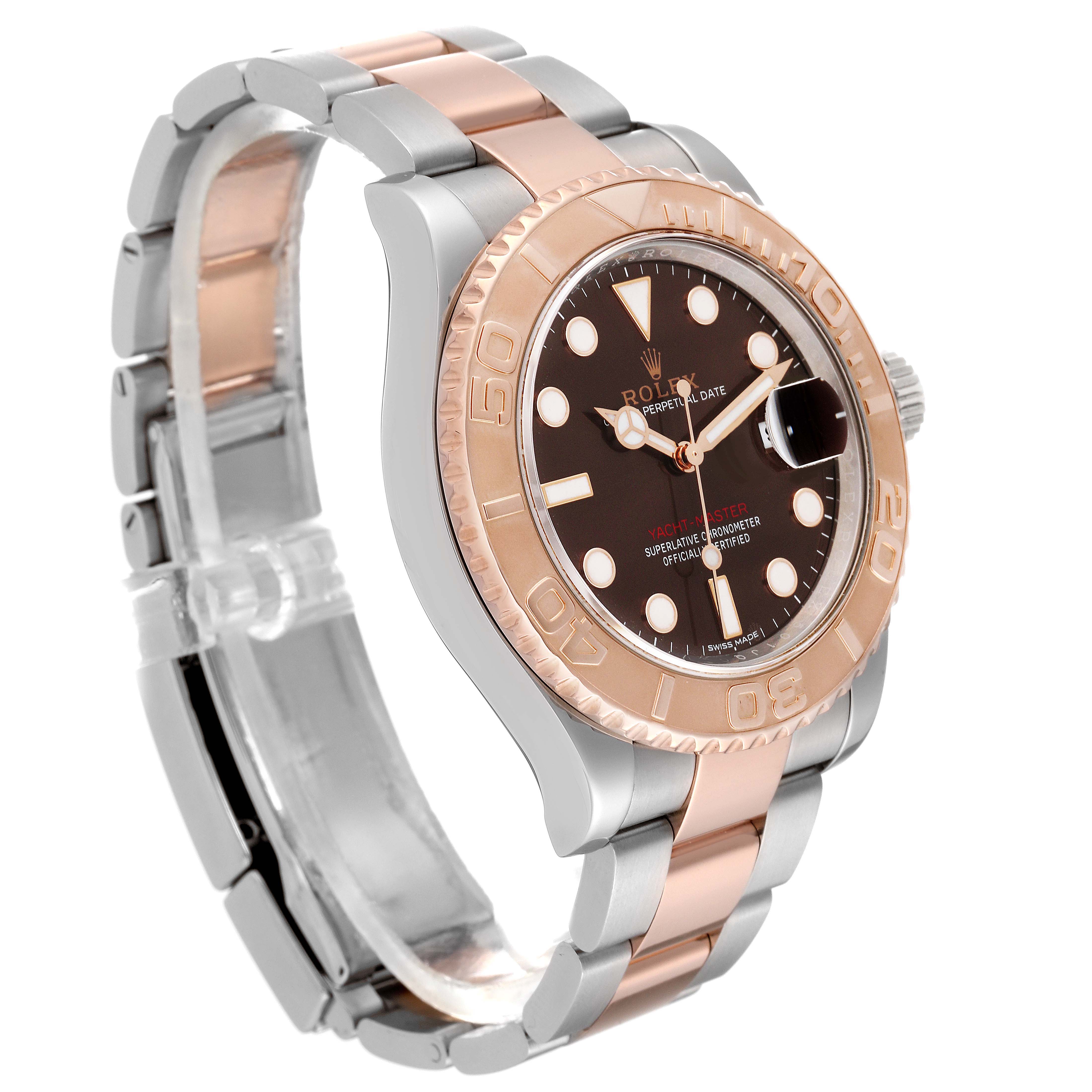 The Rolex Yacht-Master 116621 Men's Steel and Gold (two tone) Brown Dial 116621 Men's Steel and Gold (two tone) Brown Dial watch is shown at a three-quarter angle, highlighting its two-tone bracelet, bezel, and face.