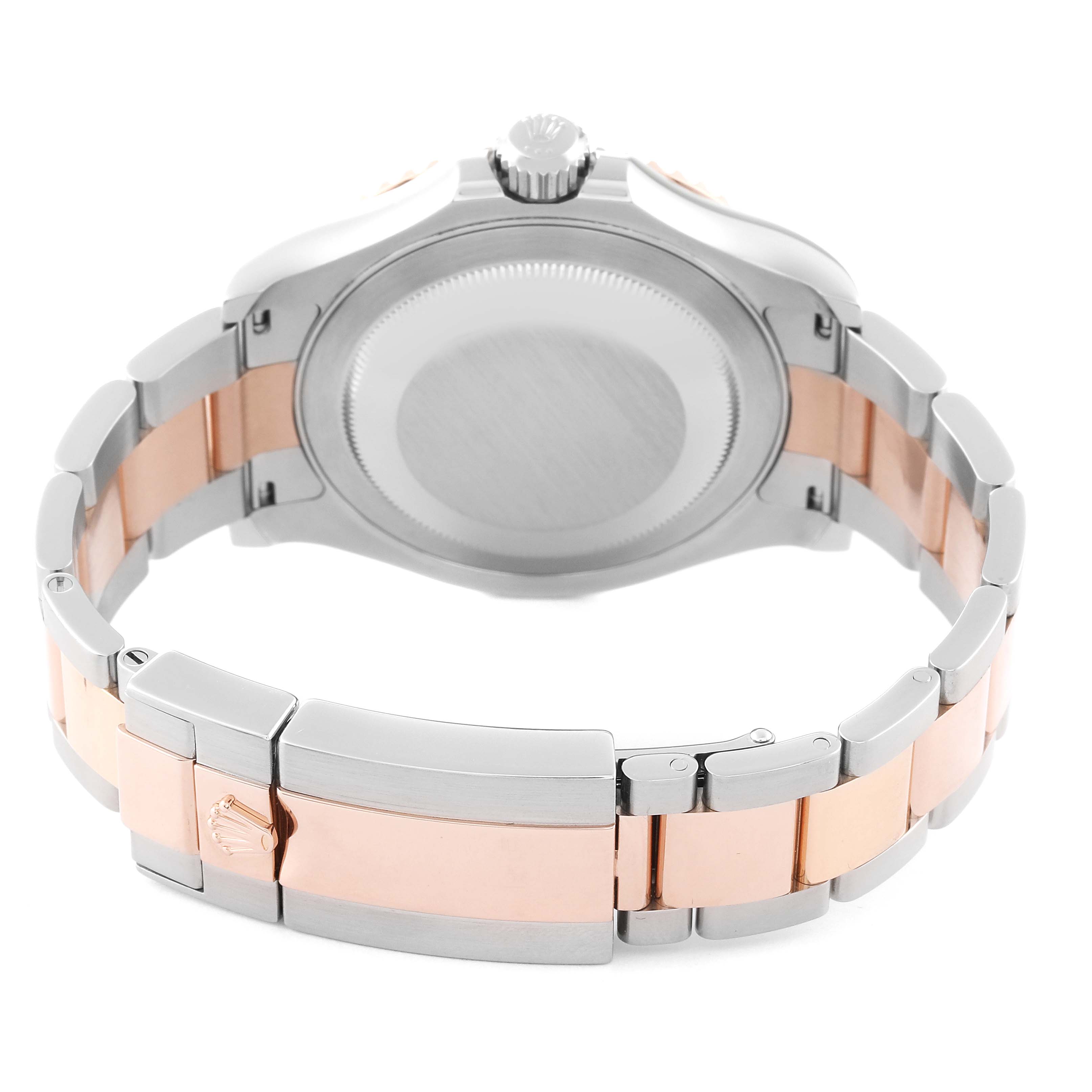 This image shows the back case and bi-color bracelet of a Rolex Yacht-Master 116621 Men's Steel and Gold (two tone) Brown Dial 116621 Men's Steel and Gold (two tone) Brown Dial watch.