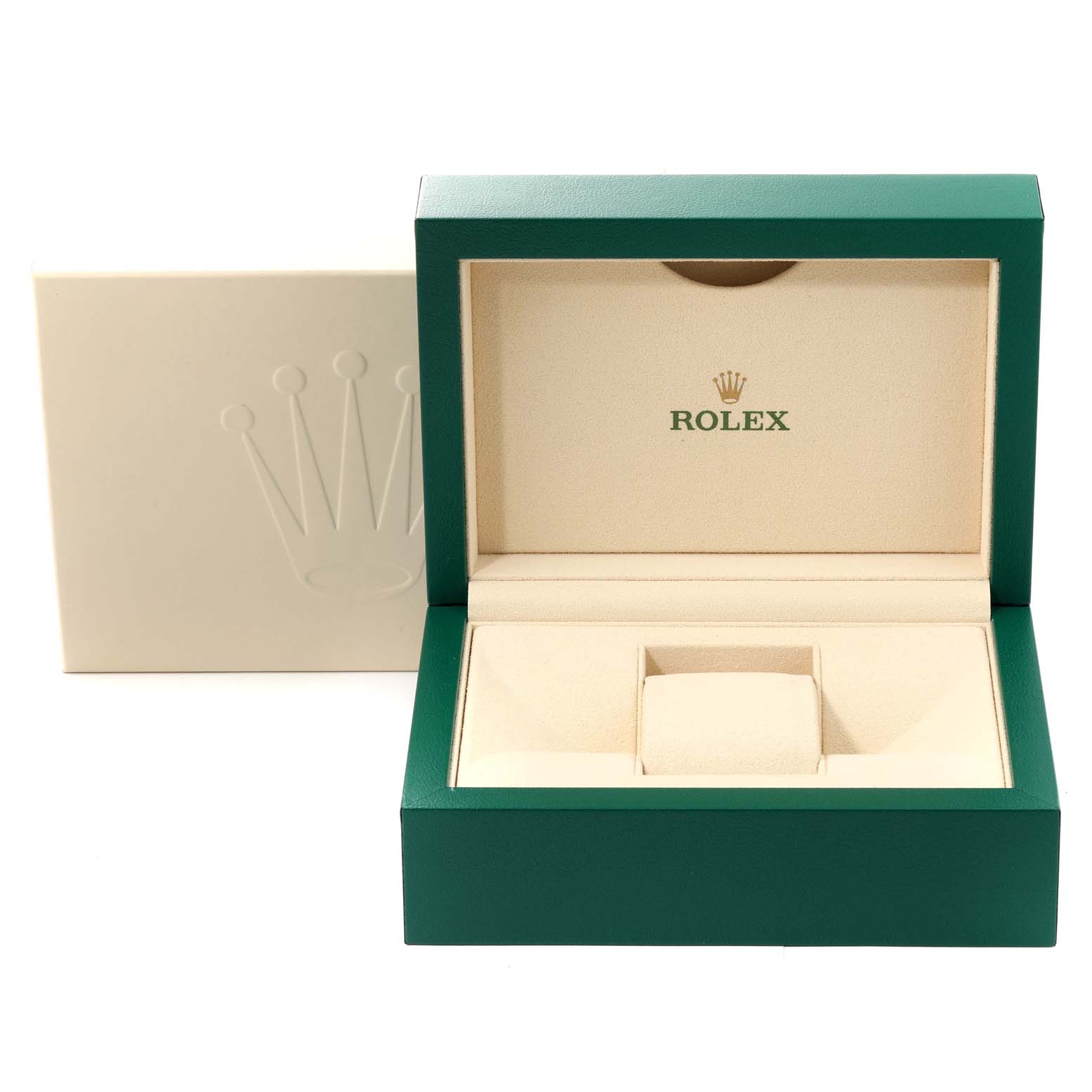 The image shows an open Rolex Yacht-Master 116621 Men's Steel and Gold (two tone) Brown Dial 116621 Men's Steel and Gold (two tone) Brown Dial watch box, highlighting its beige interior and green exterior, along with a white sleeve.