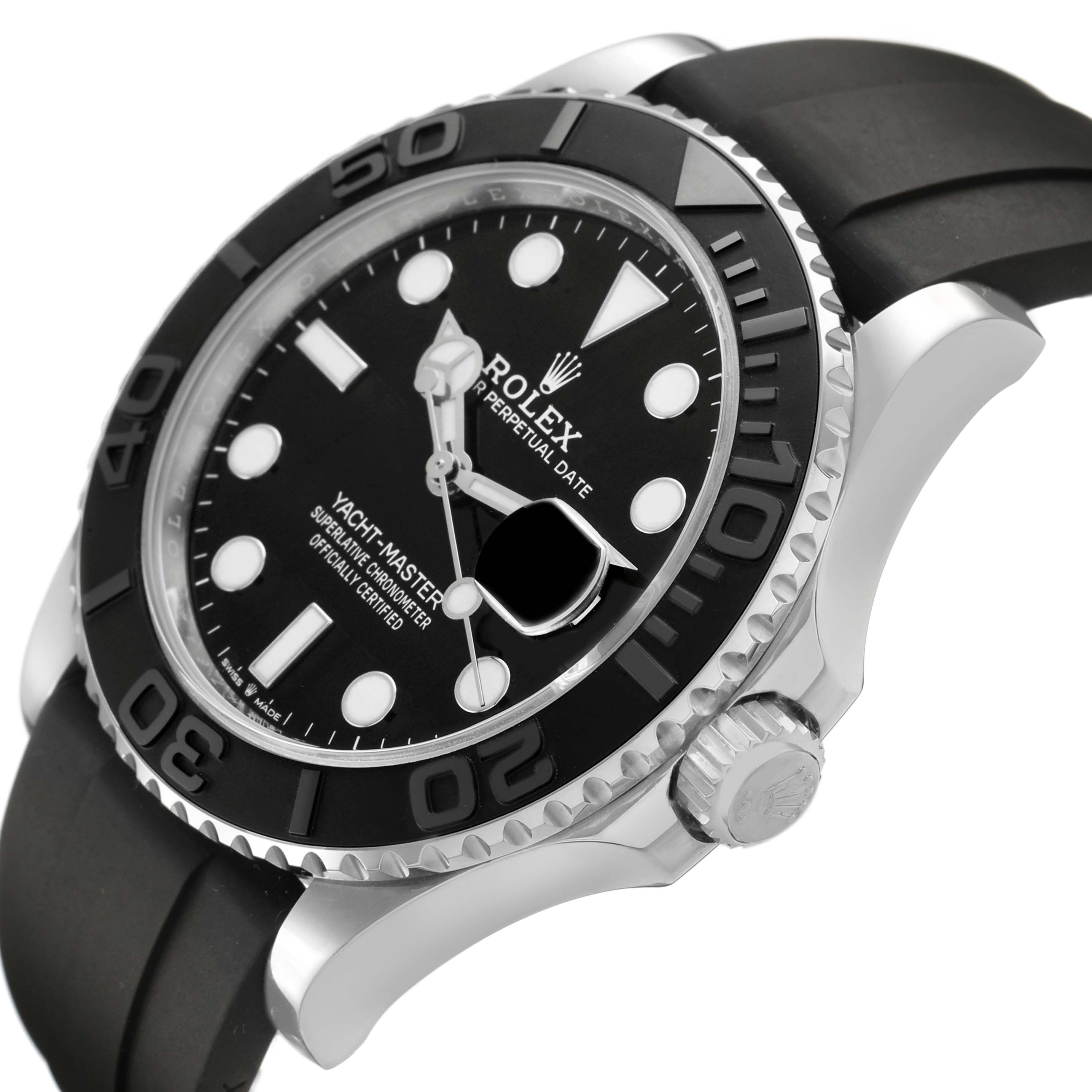 The Rolex Yacht-Master 226659 Men's White Gold Black Dial watch is shown at a slight angle, highlighting the bezel, dial, crown, and part of the strap.