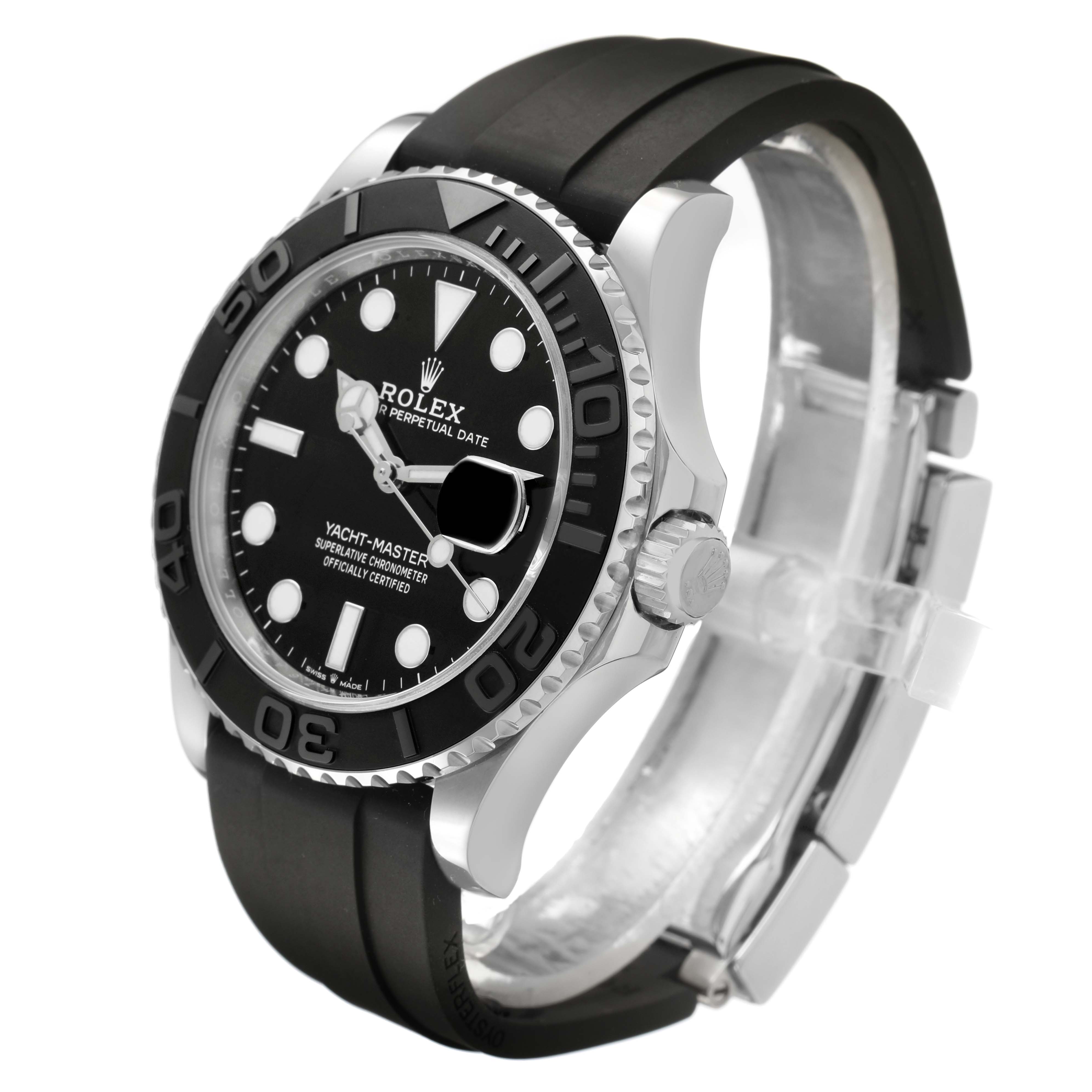 The Rolex Yacht-Master 226659 Men's White Gold Black Dial watch is shown from a front-side angle, highlighting the bezel, dial, and strap.