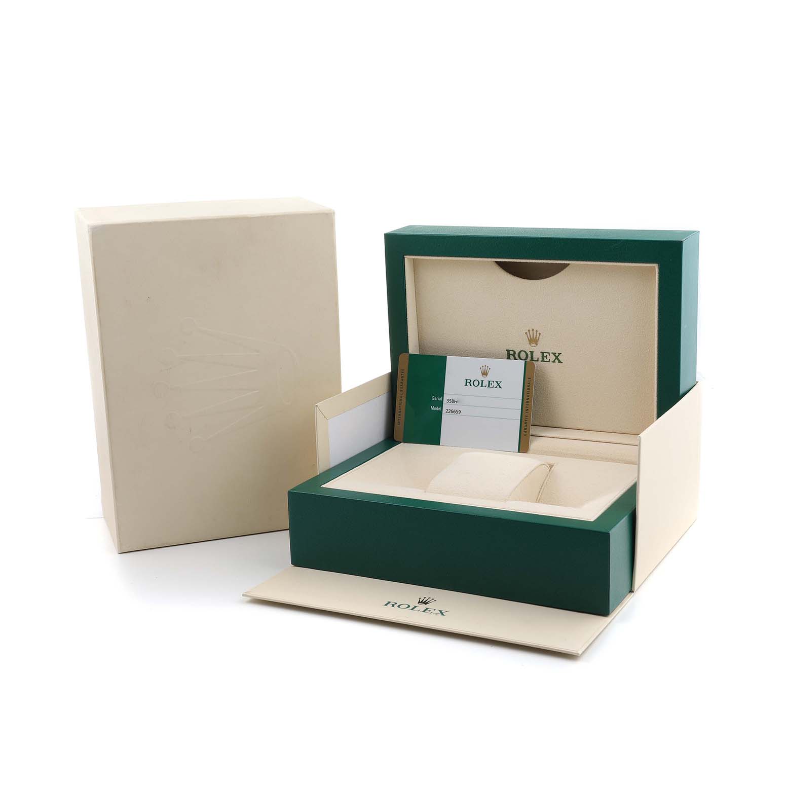 The image shows Rolex Yacht-Master 226659 Men's White Gold Black Dial packaging, including a box, pouch, and documents, viewed from the front.