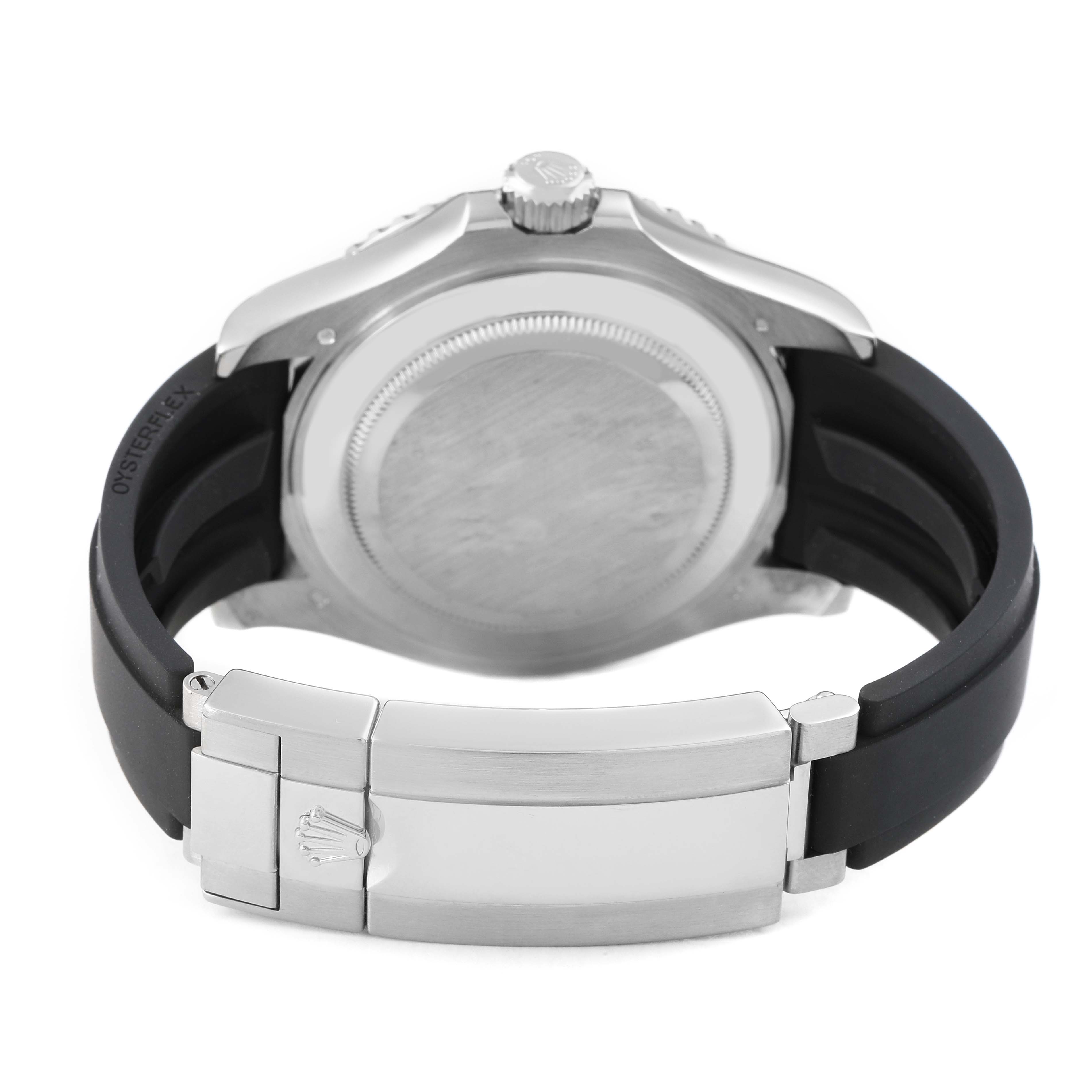 The image shows the back of a Rolex Yacht-Master 226659 Men's White Gold Black Dial watch, including the case back, crown, and clasp on a rubber strap.