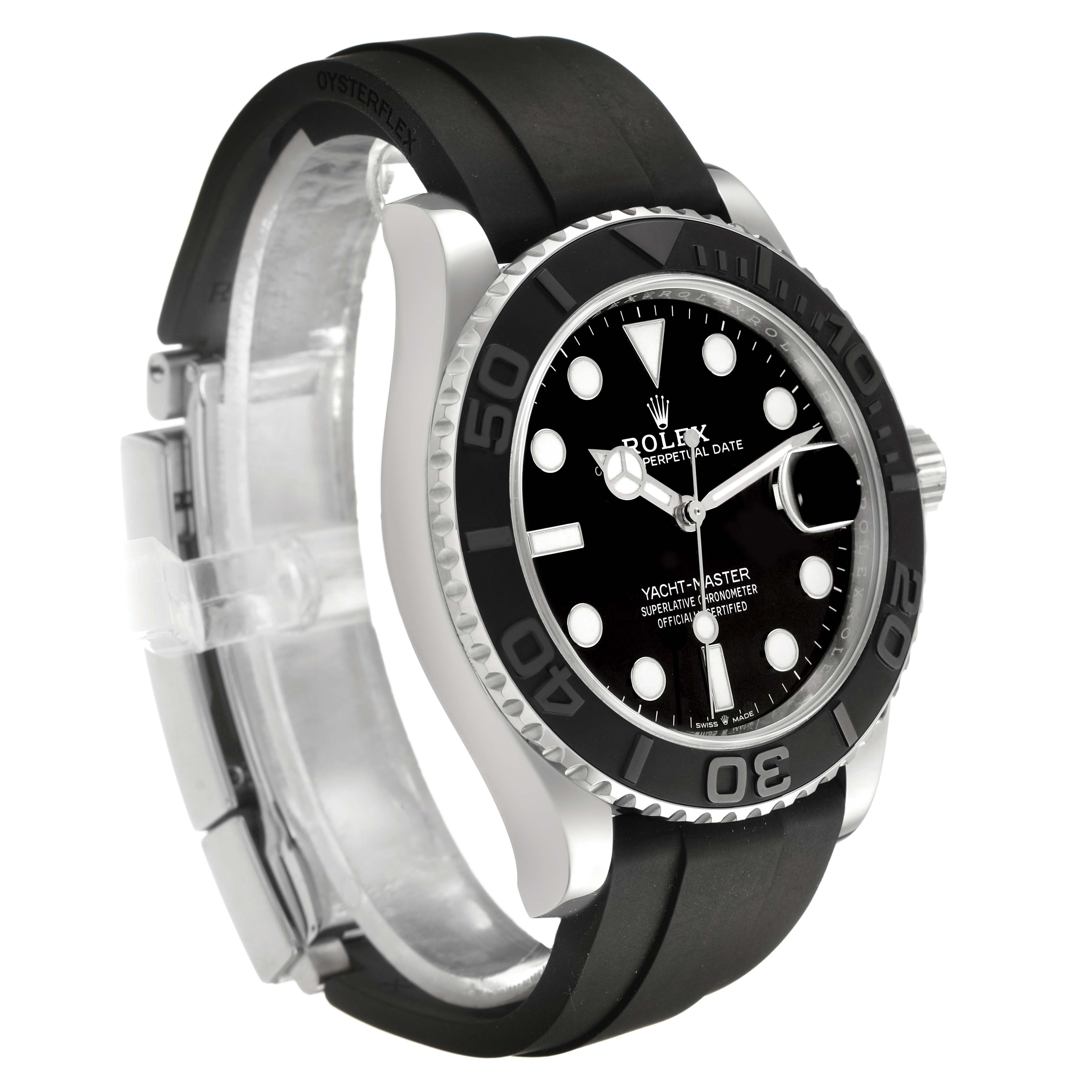 The Rolex Yacht-Master 226659 Men's White Gold Black Dial watch is shown at a three-quarter angle, highlighting the black dial, bezel, and rubber strap.