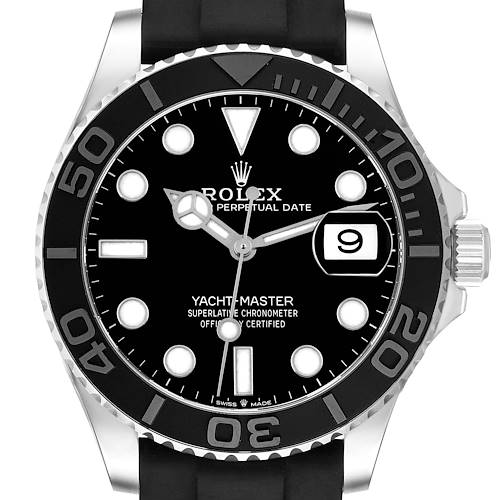 The Rolex Yacht-Master 226659 Men's White Gold Black Dial watch is shown from the front, highlighting the dial, bezel, and crown.
