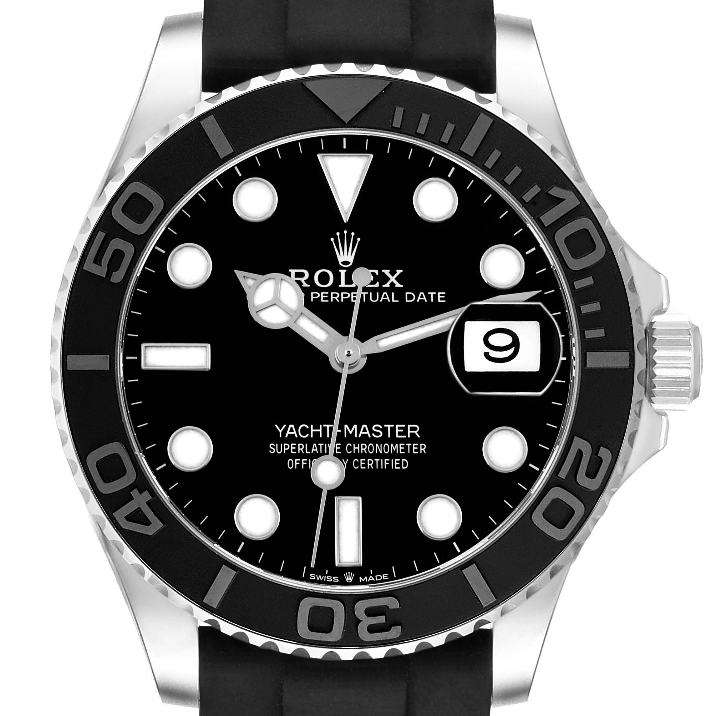 The Rolex Yacht-Master 226659 Men's White Gold Black Dial watch is shown from the front, highlighting the dial, bezel, and crown.