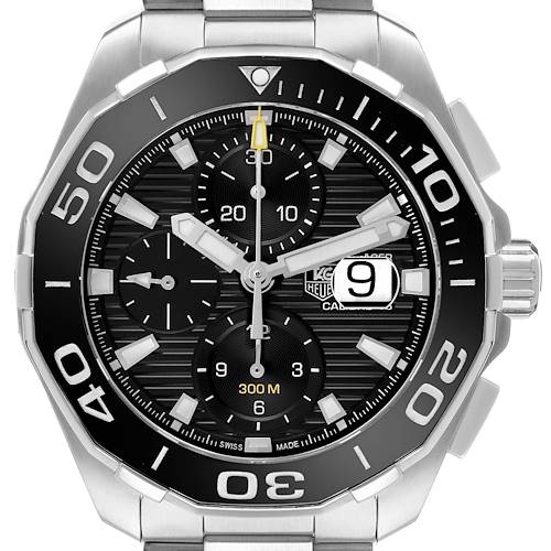 The Tag Heuer Aquaracer CAY211A.BA0927 Men's Stainless Steel Black Dial watch is shown from a front angle, displaying the dial, bezel, and bracelet.