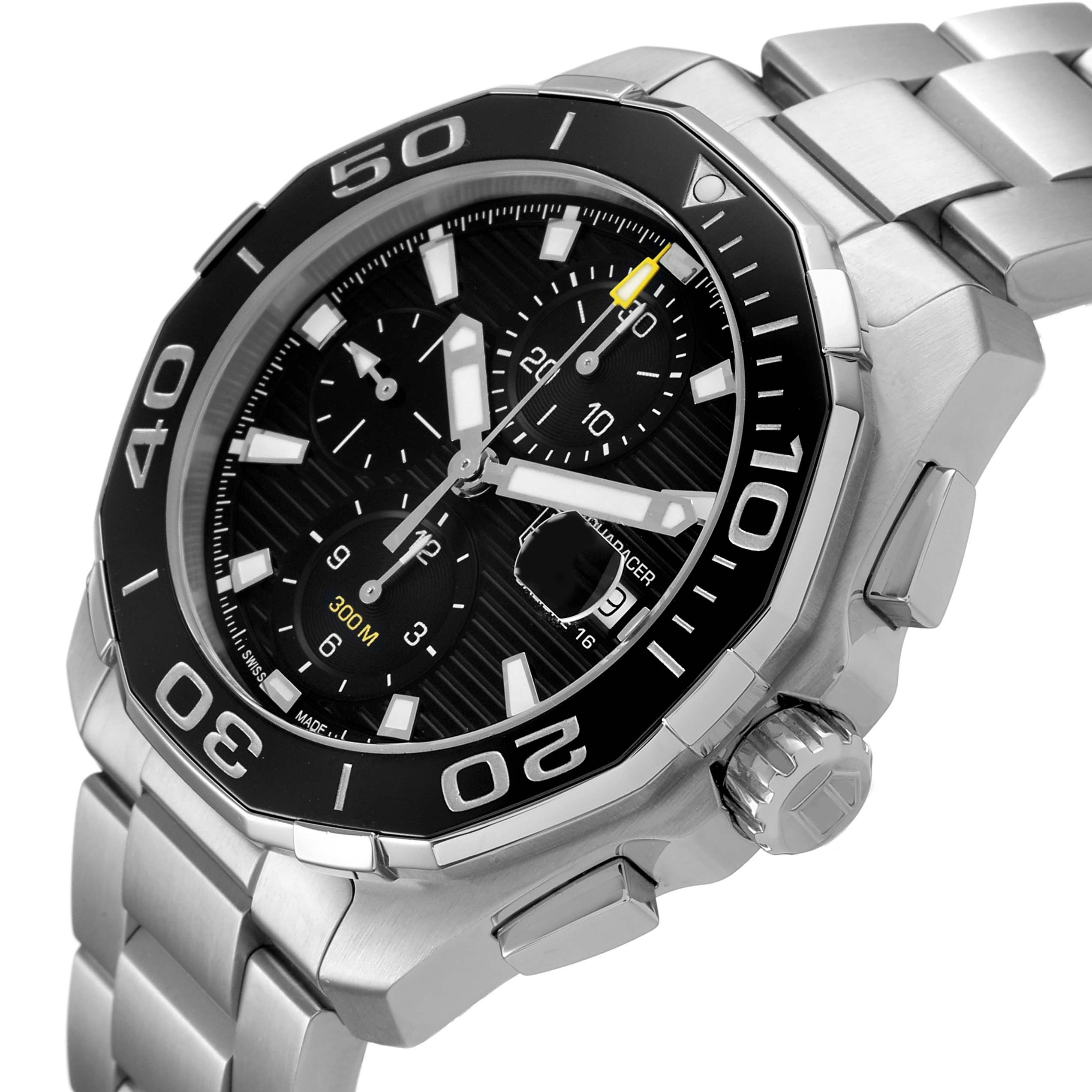 The Tag Heuer Aquaracer CAY211A.BA0927 Men's Stainless Steel Black Dial watch is shown from a three-quarter angle, highlighting the bezel, dial, and metal bracelet.