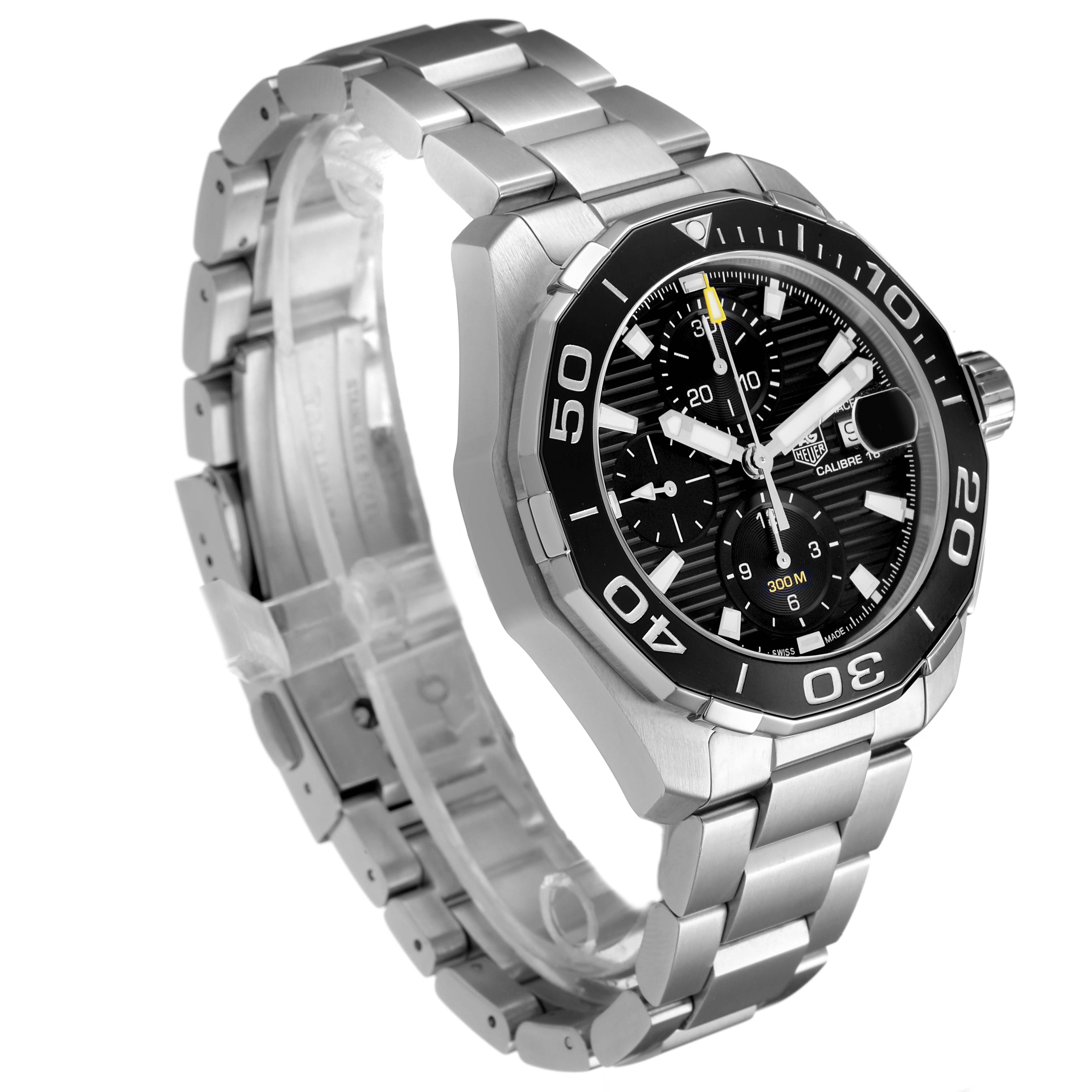 The image shows a Tag Heuer Aquaracer CAY211A.BA0927 Men's Stainless Steel Black Dial watch at a three-quarter angle, highlighting the bezel, dial, and metal bracelet.