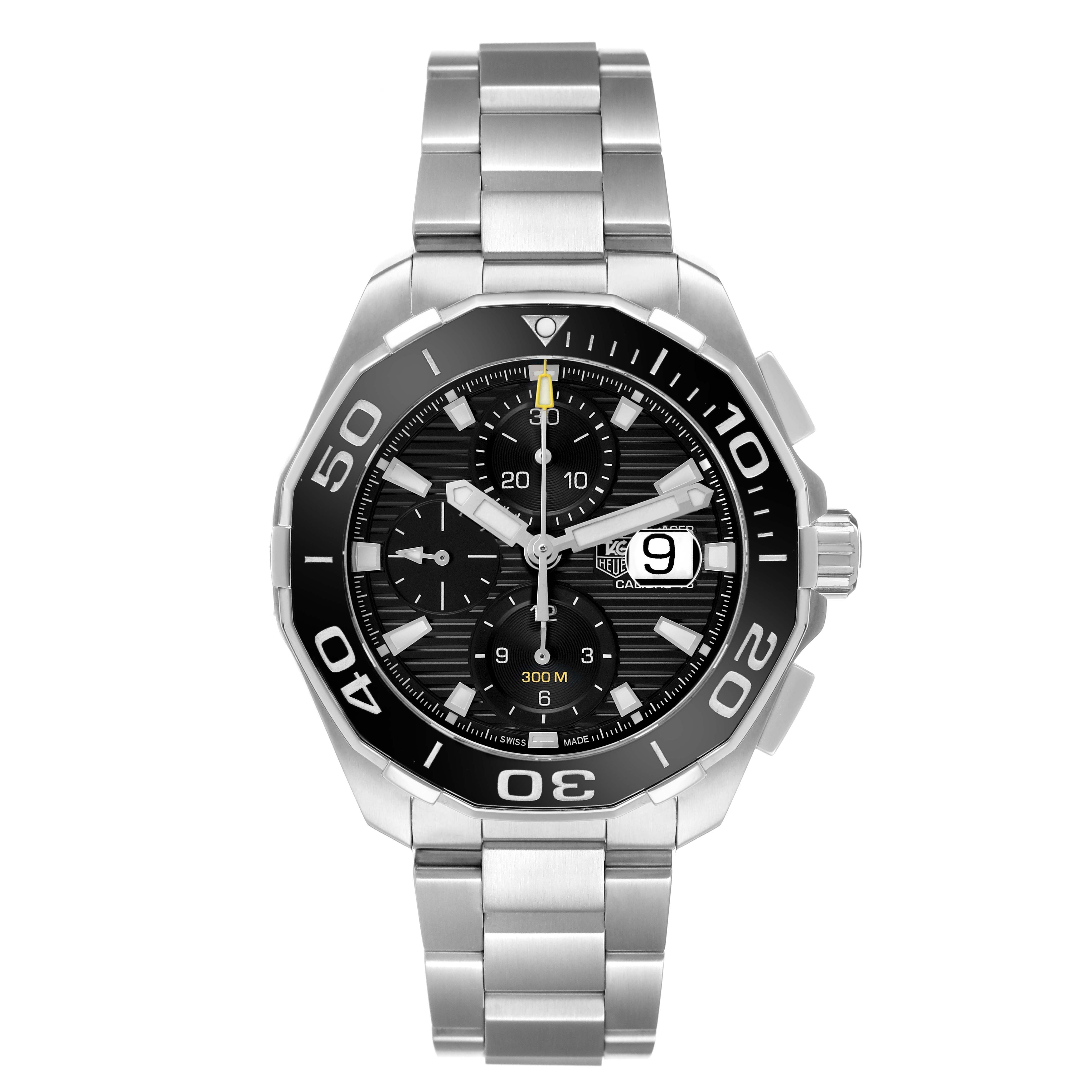 The image shows a front view of the Tag Heuer Aquaracer CAY211A.BA0927 Men's Stainless Steel Black Dial watch, displaying the face, bezel, and bracelet.