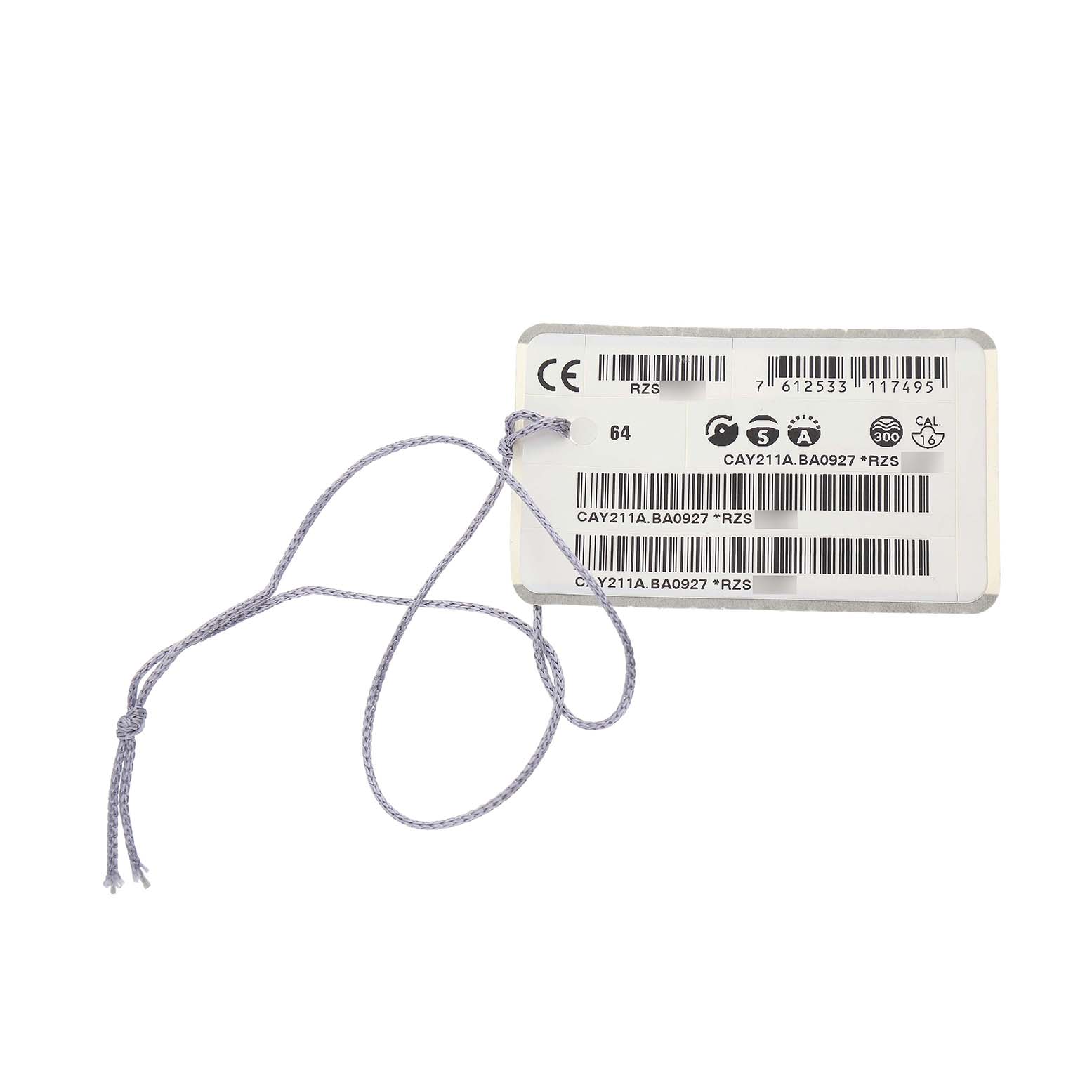 The image shows a tag with model details for a Tag Heuer Aquaracer CAY211A.BA0927 Men's Stainless Steel Black Dial watch, secured with a string tie.