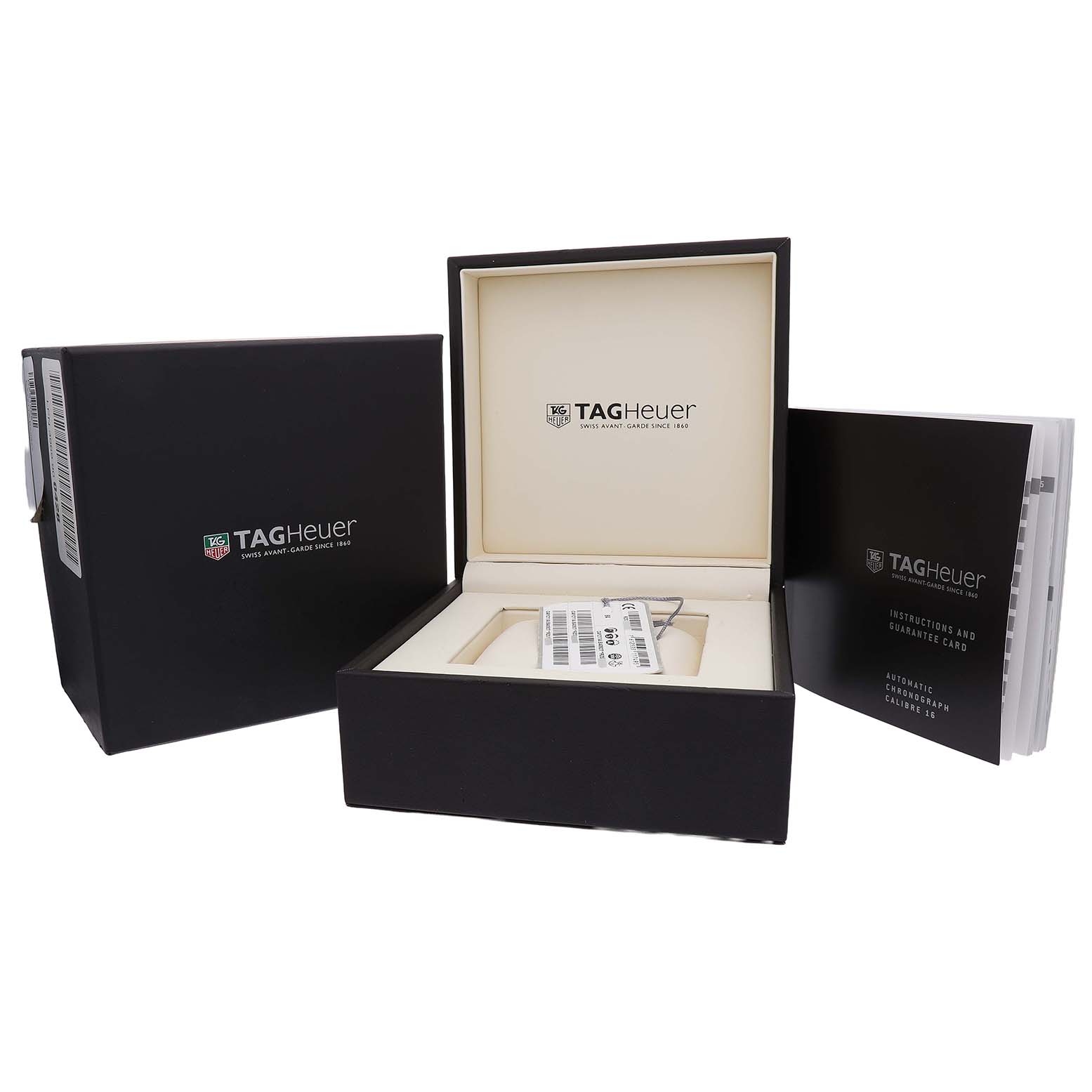 The image shows the Tag Heuer Aquaracer CAY211A.BA0927 Men's Stainless Steel Black Dial box, instruction booklet, and warranty card from a front angle.