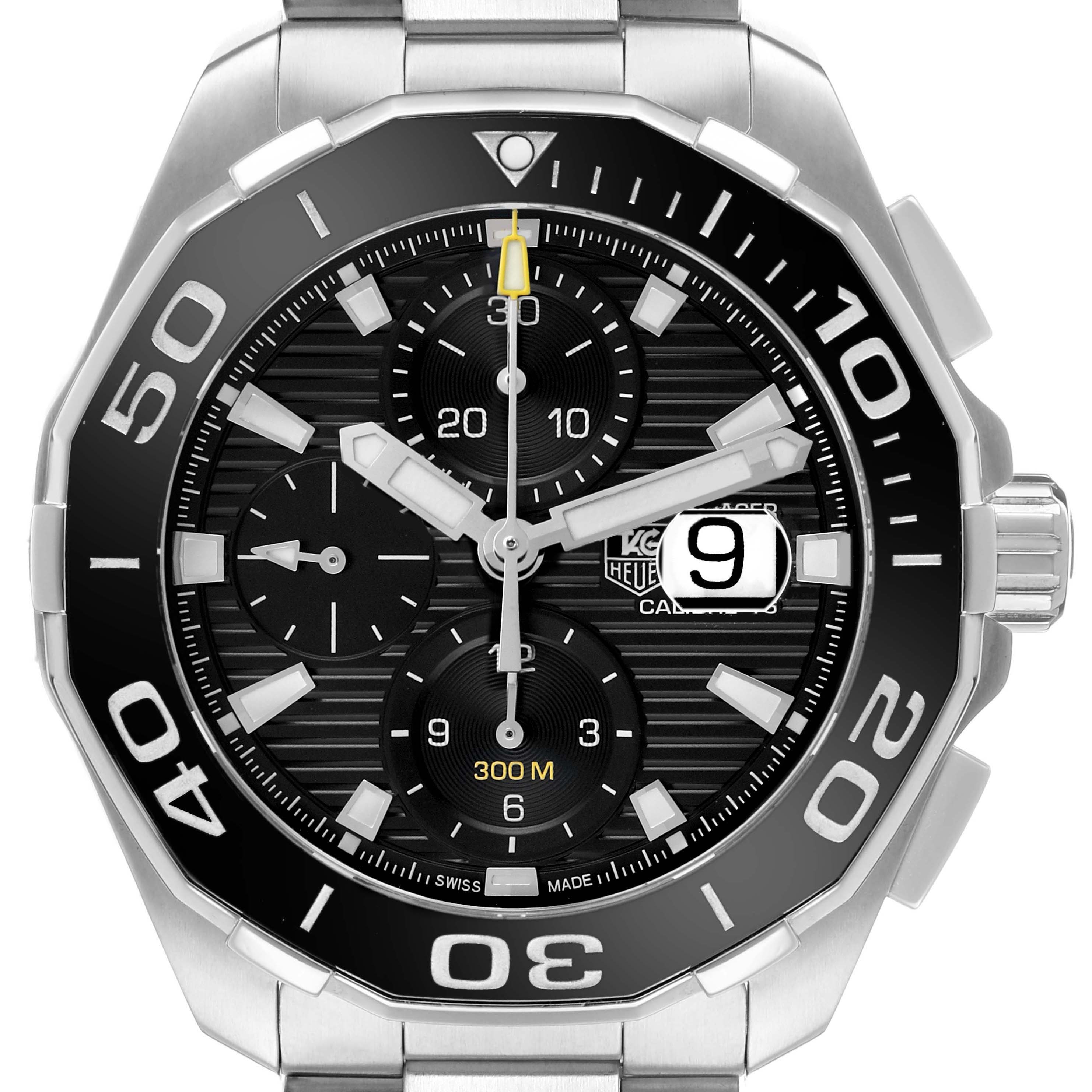 The Tag Heuer Aquaracer CAY211A.BA0927 Men's Stainless Steel Black Dial watch is shown from the front, displaying its dial, bezel, and bracelet.