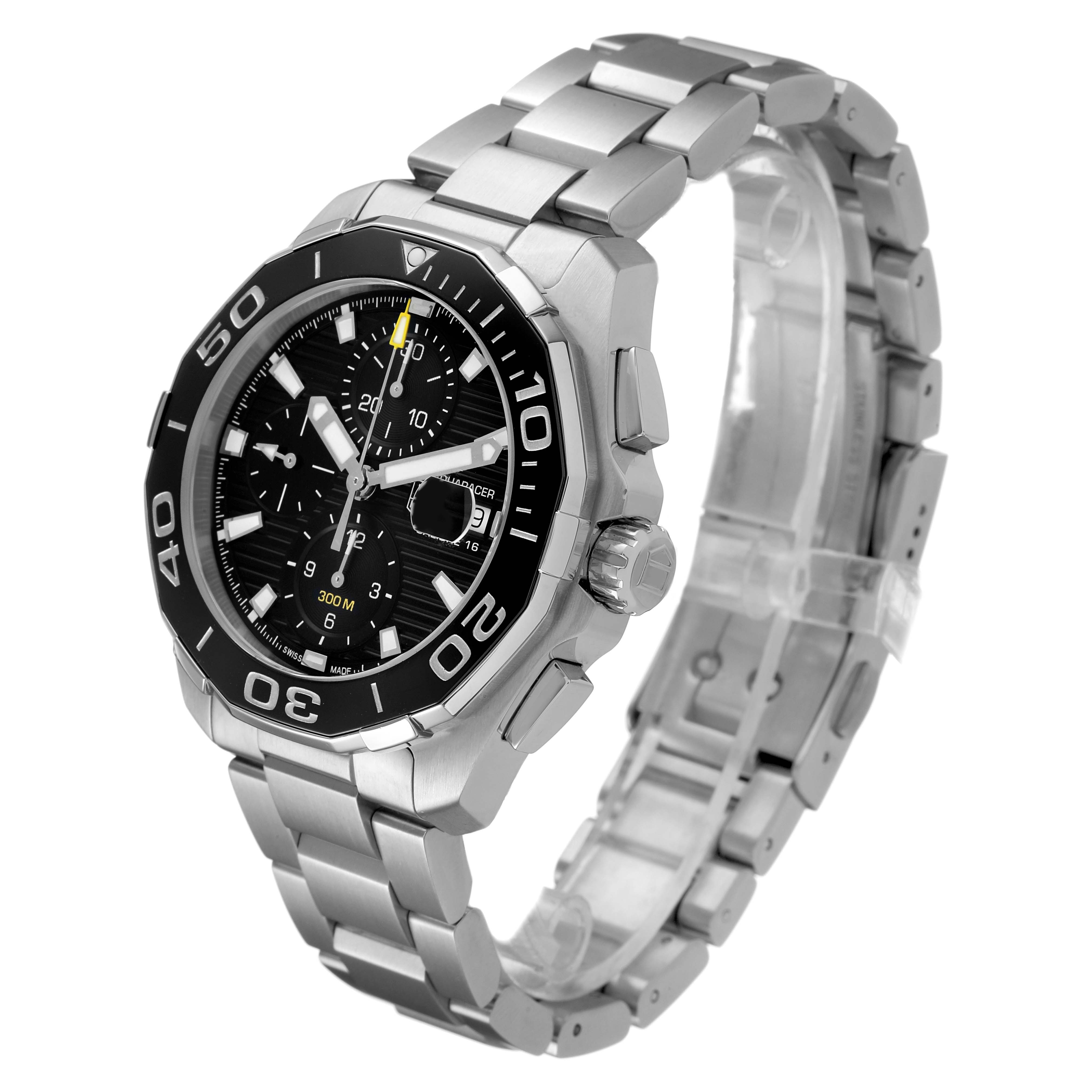 The Tag Heuer Aquaracer CAY211A.BA0927 Men's Stainless Steel Black Dial watch is shown at a three-quarter angle, highlighting the black dial, bezel, bracelet, and crown.