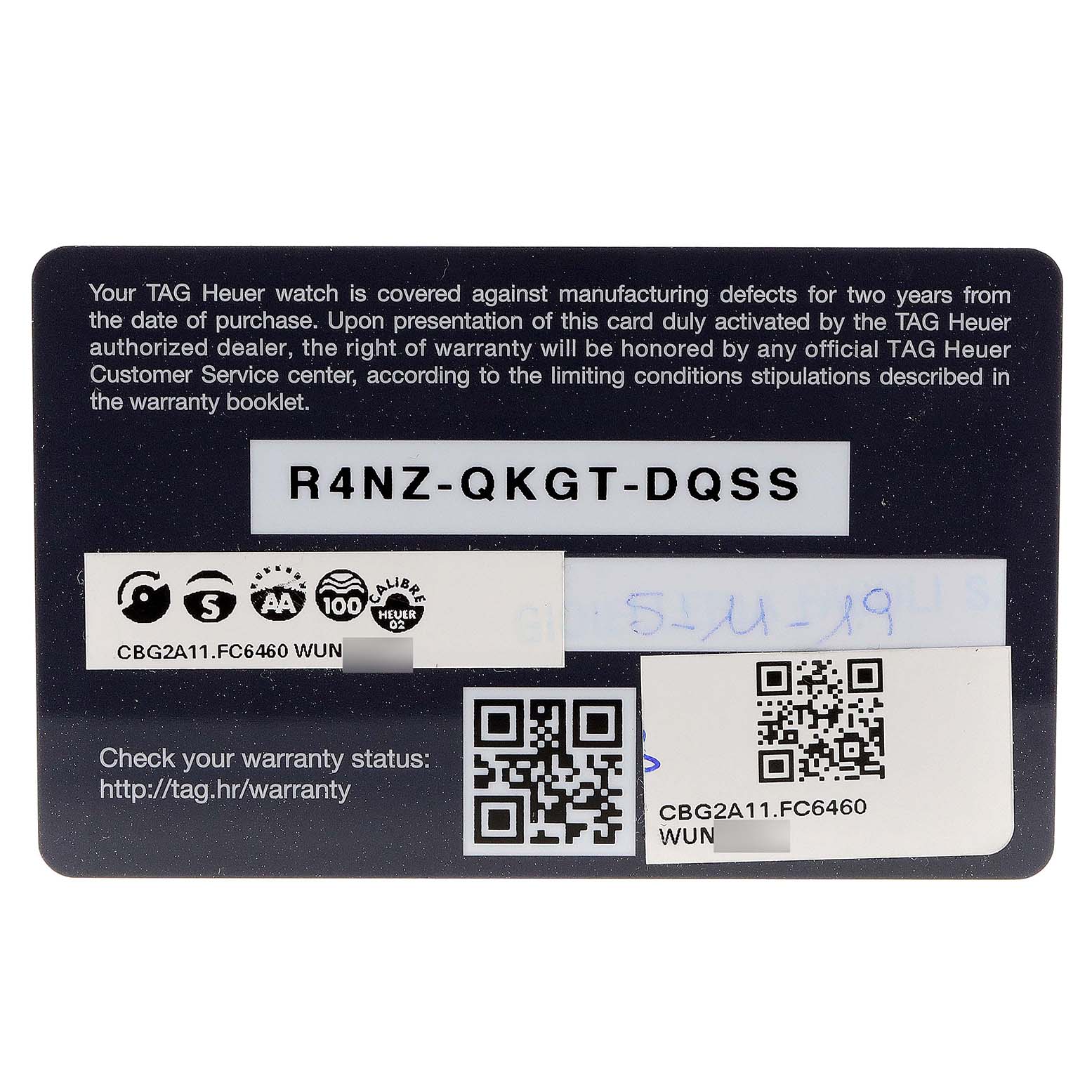 This image shows the warranty card for a Carrera model by Tag Heuer, including a QR code and serial number.
