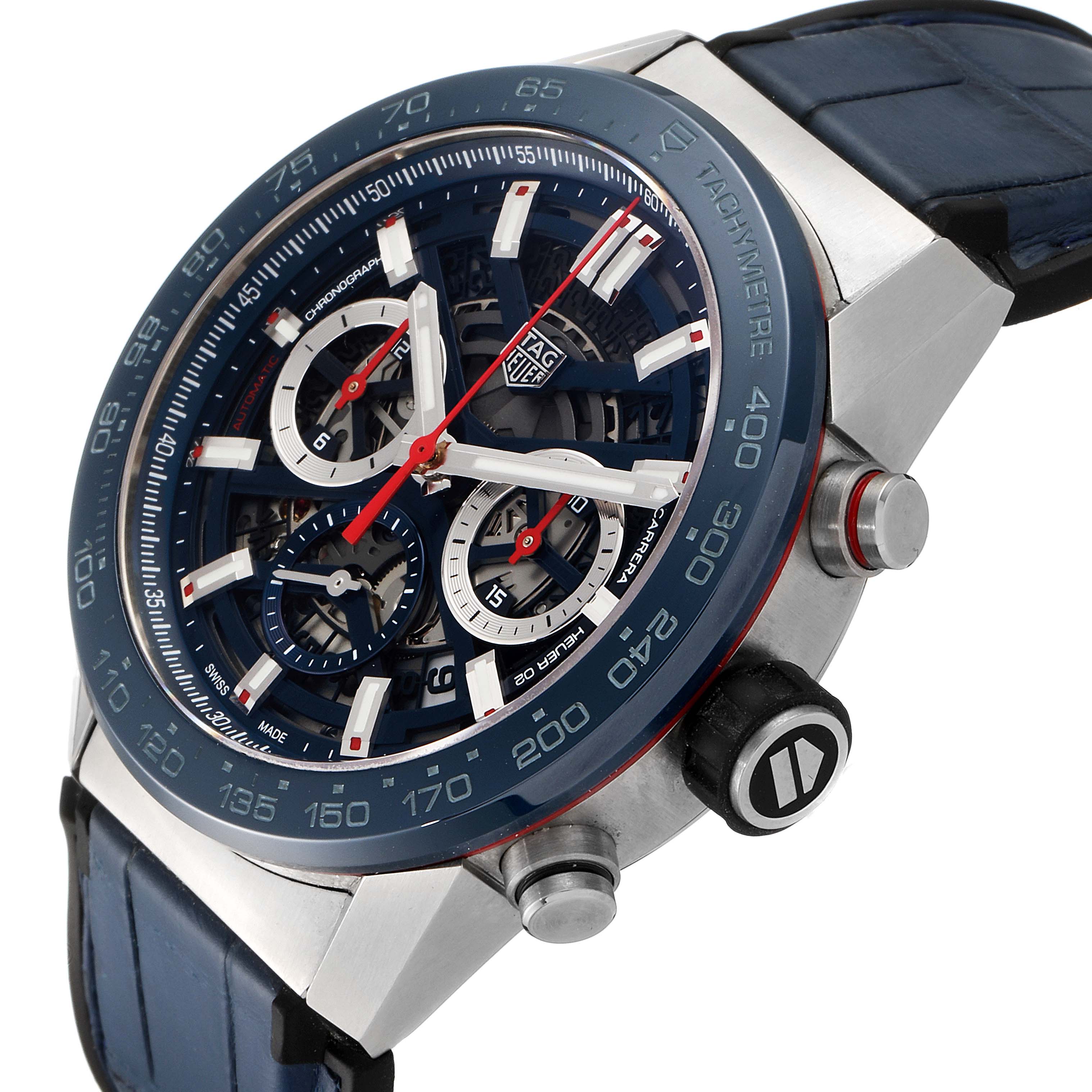 The image shows a close-up side angle of the Tag Heuer Carrera CBG2A11.FC6460 Men's Stainless Steel Blue Dial CBG2A11.FC6460 Men's Stainless Steel Blue Dial watch, showcasing the face, tachymeter, and side buttons.