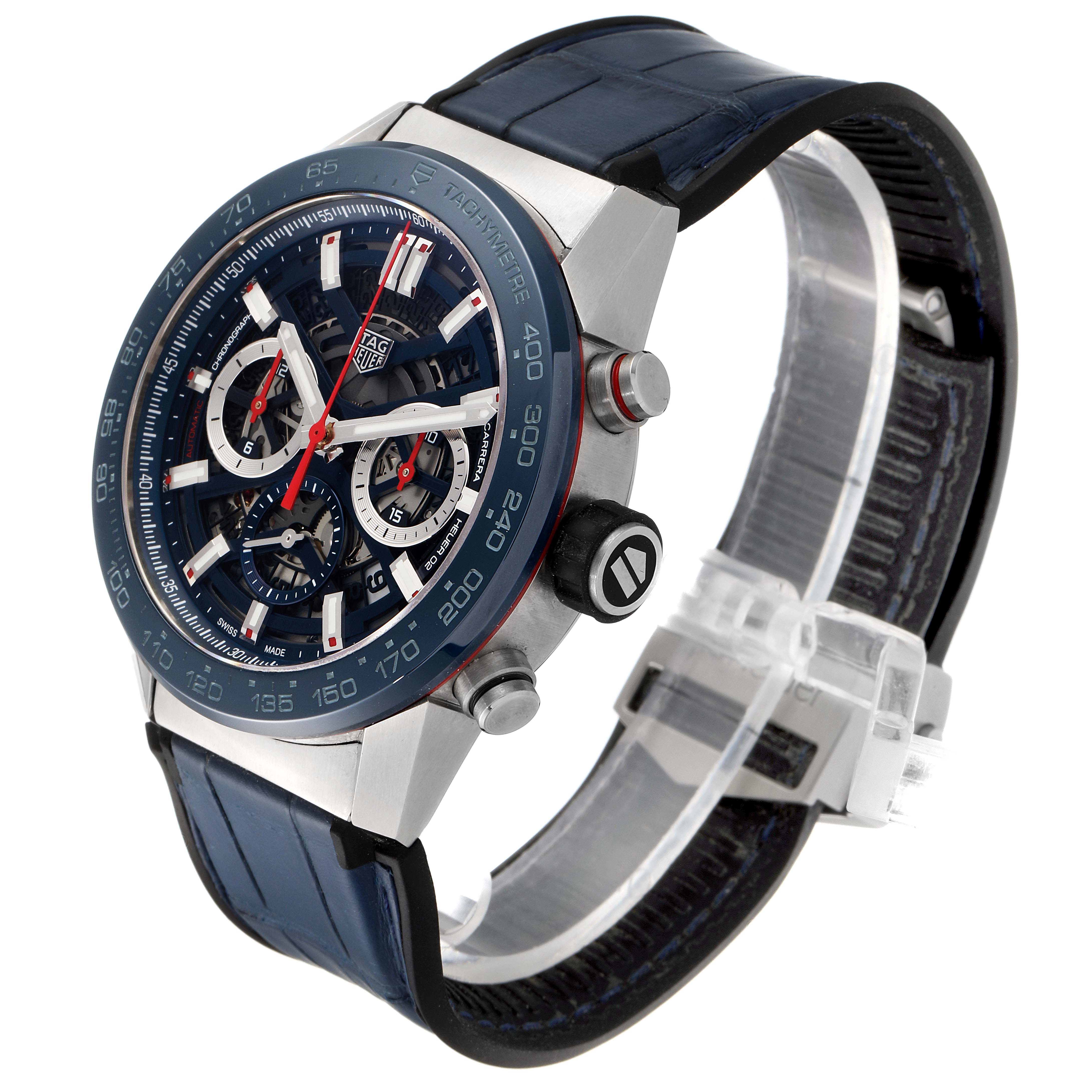 The Tag Heuer Carrera CBG2A11.FC6460 Men's Stainless Steel Blue Dial CBG2A11.FC6460 Men's Stainless Steel Blue Dial watch is shown at an angle emphasizing the dial, bezel, and textured strap.