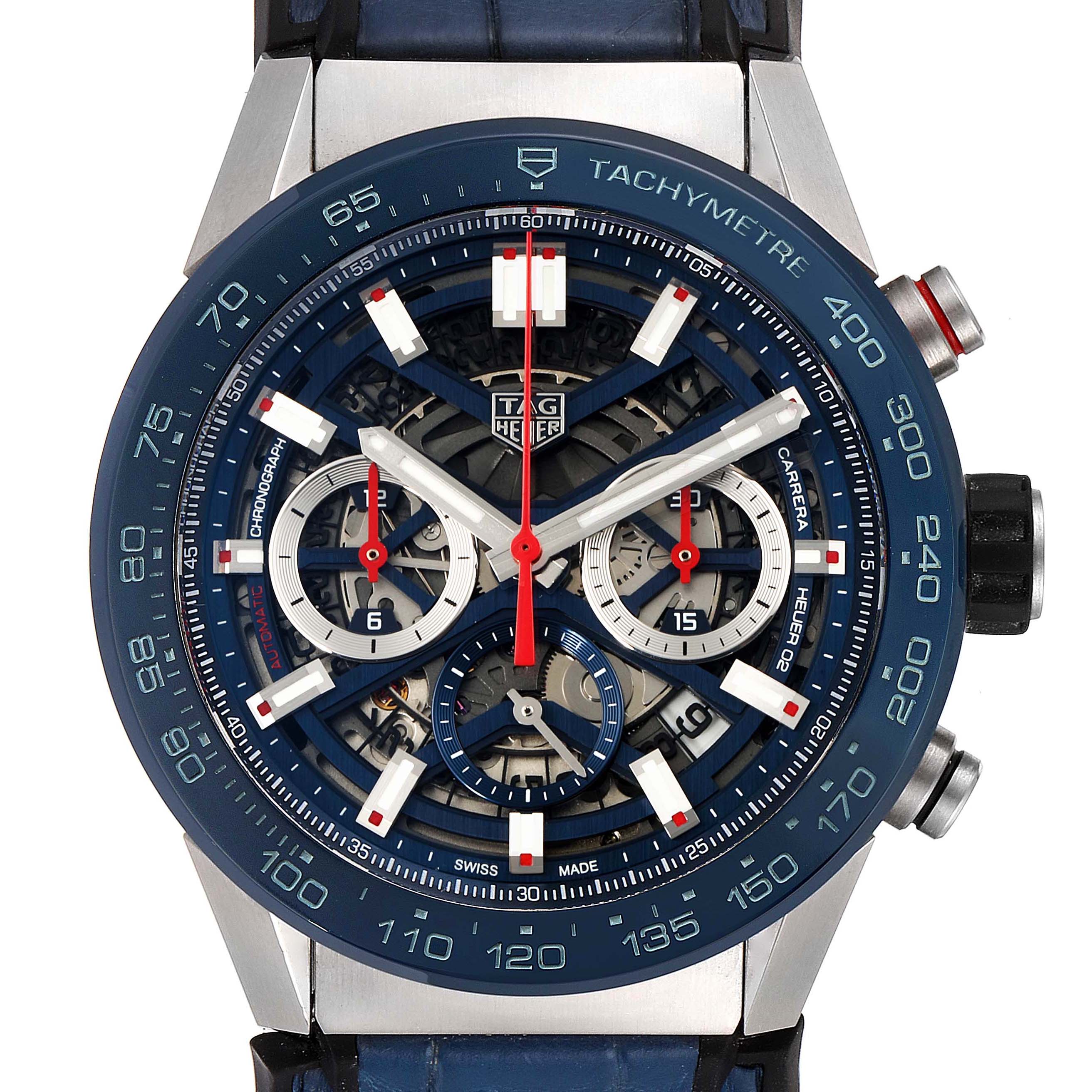 This Tag Heuer Carrera CBG2A11.FC6460 Men's Stainless Steel Blue Dial CBG2A11.FC6460 Men's Stainless Steel Blue Dial watch is shown from a front angle, displaying the tachymeter, chronograph subdials, and skeleton dial.