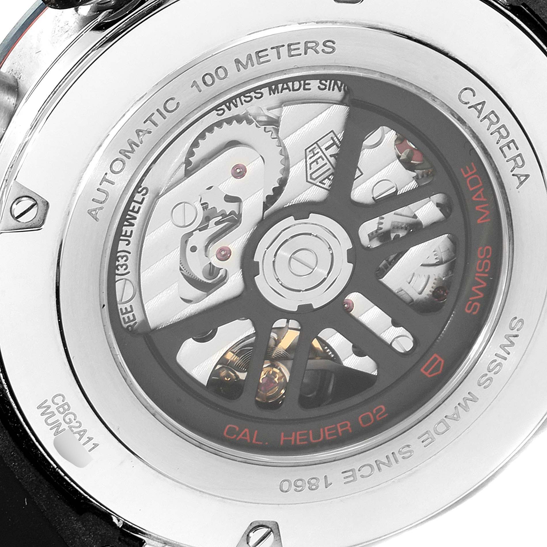 This image shows the rear case and visible movement of a Tag Heuer Carrera CBG2A11.FC6460 Men's Stainless Steel Blue Dial CBG2A11.FC6460 Men's Stainless Steel Blue Dial watch, highlighting the automatic mechanism and decorative details.