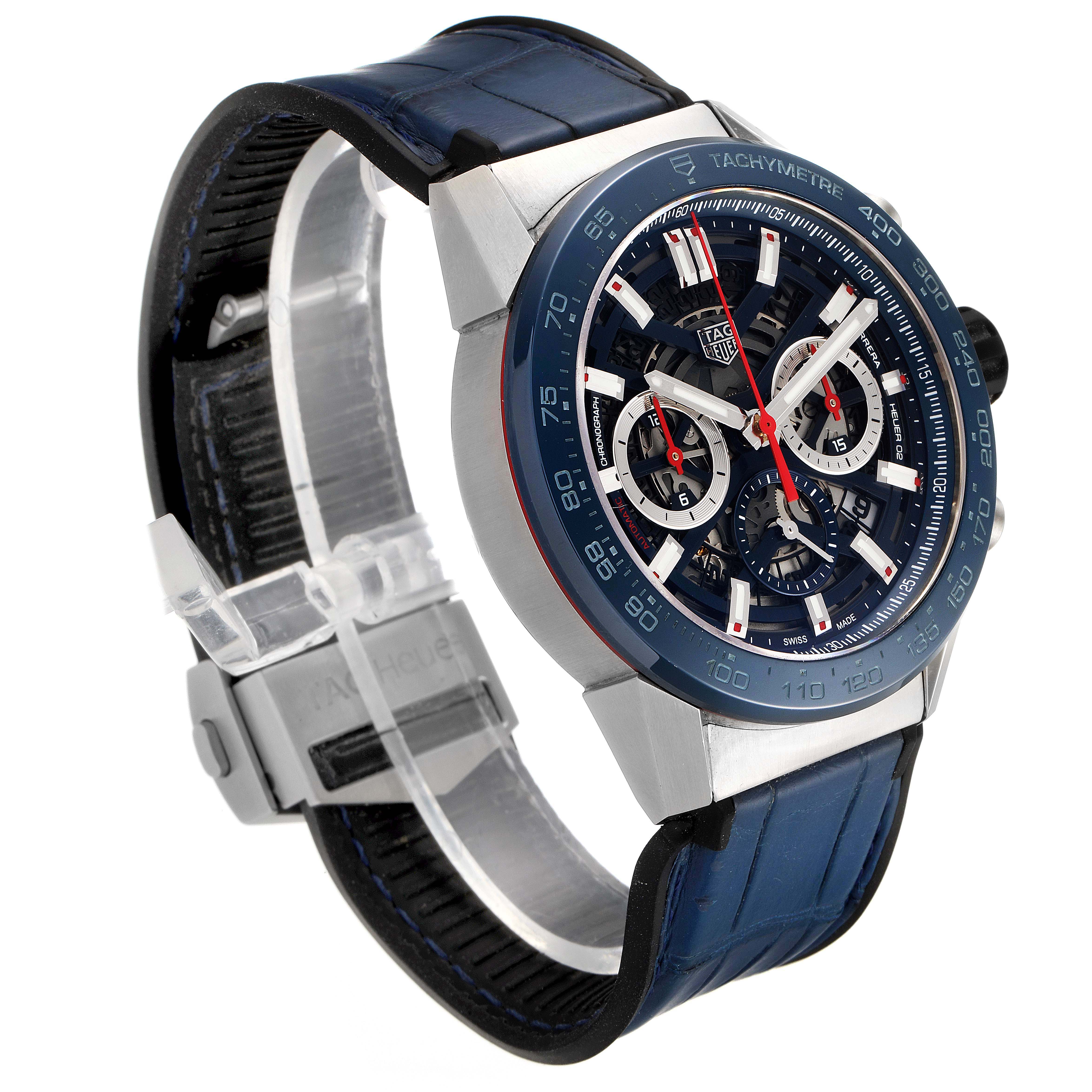 The image shows a Tag Heuer Carrera CBG2A11.FC6460 Men's Stainless Steel Blue Dial CBG2A11.FC6460 Men's Stainless Steel Blue Dial watch from an angled side view, highlighting its band, case, and dial with chronograph subdials.