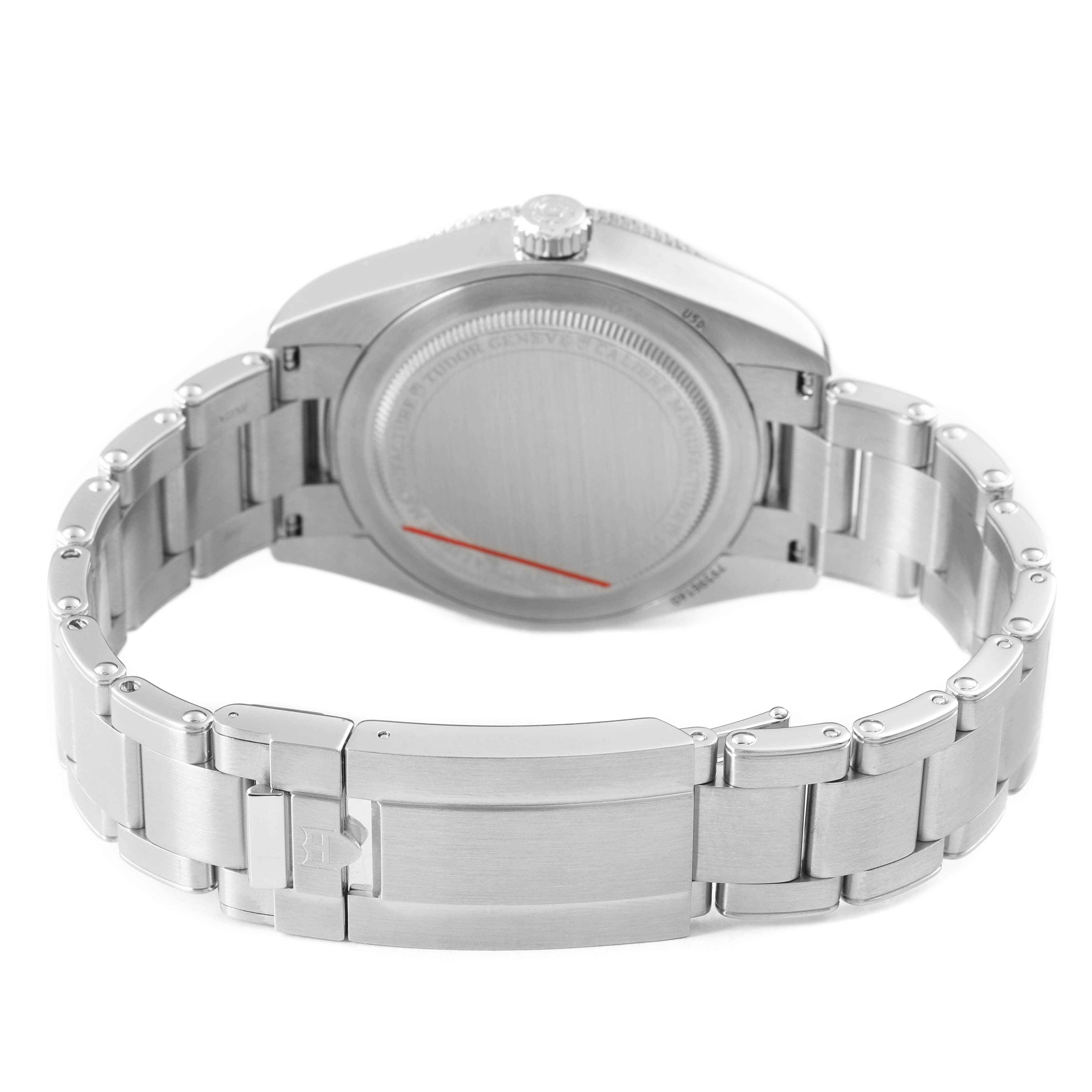 The image shows the back and bracelet of the Tudor Heritage Black Bay M7939G1A0NRU-0001 Men's Stainless Steel Black Dial, highlighting the case back and clasp.