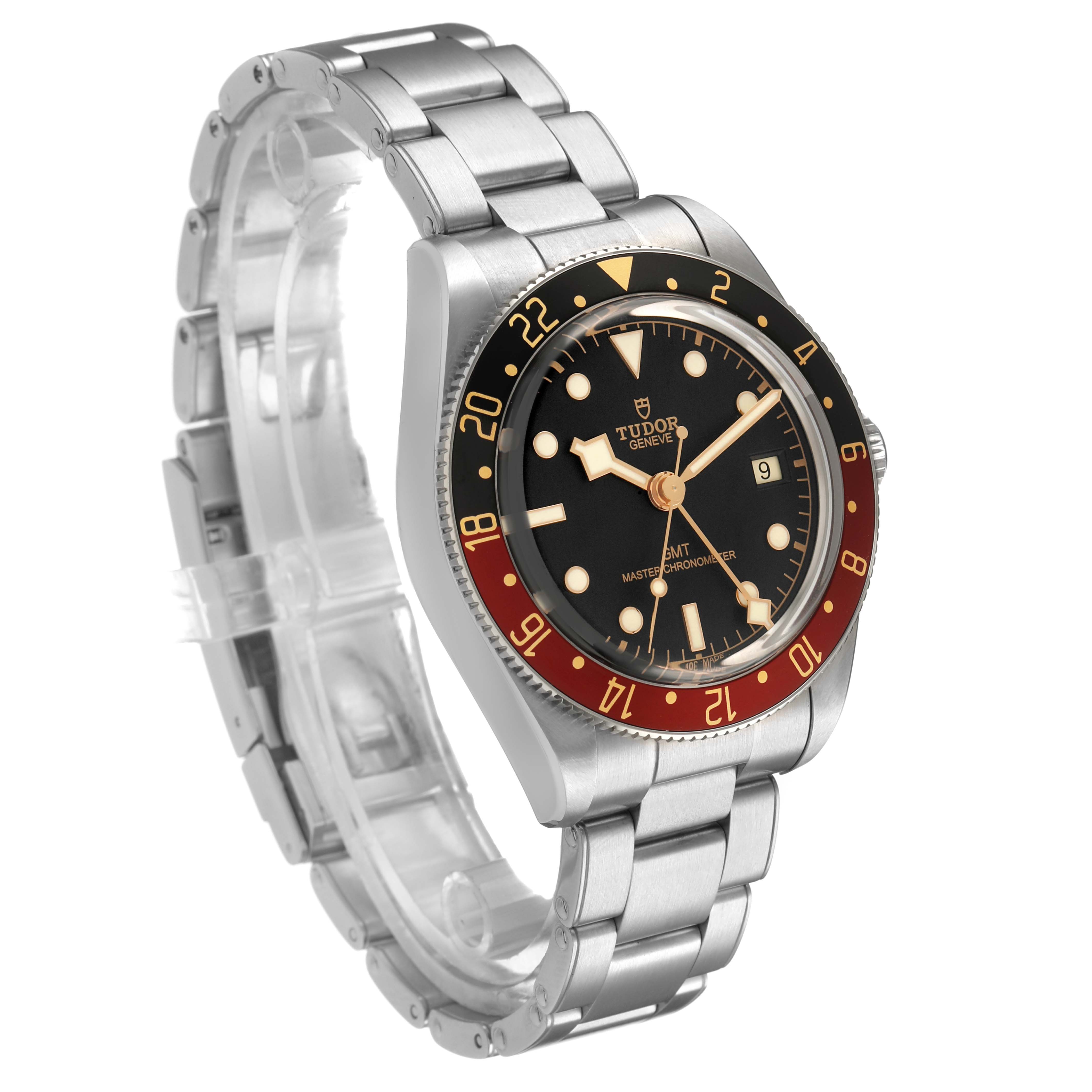 The Tudor Heritage Black Bay M7939G1A0NRU-0001 Men's Stainless Steel Black Dial watch is shown at a three-quarter angle, highlighting the face, bezel, and metal strap.