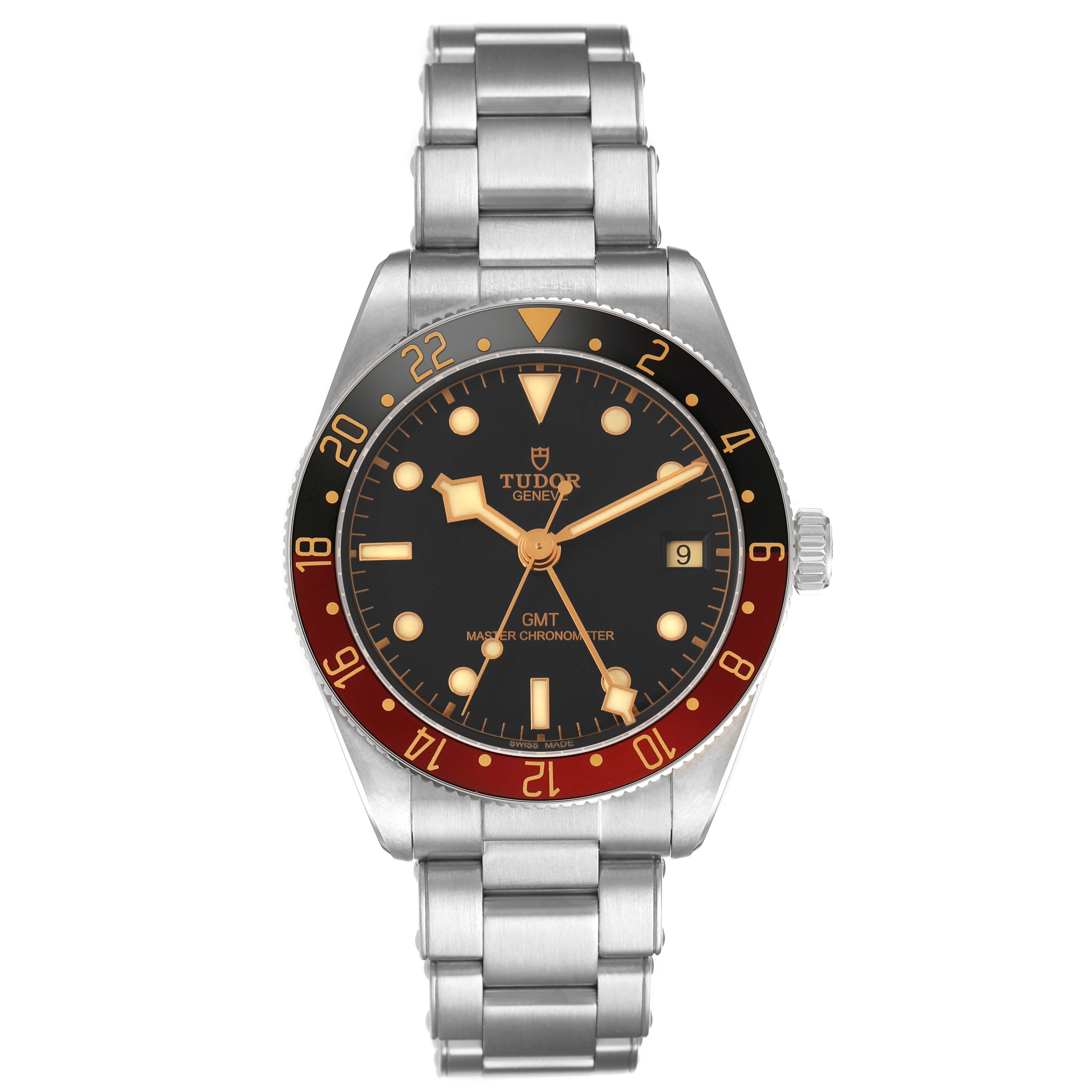 The Tudor Heritage Black Bay M7939G1A0NRU-0001 Men's Stainless Steel Black Dial watch is shown from the front, displaying the dial, bezel, bracelet, and crown.