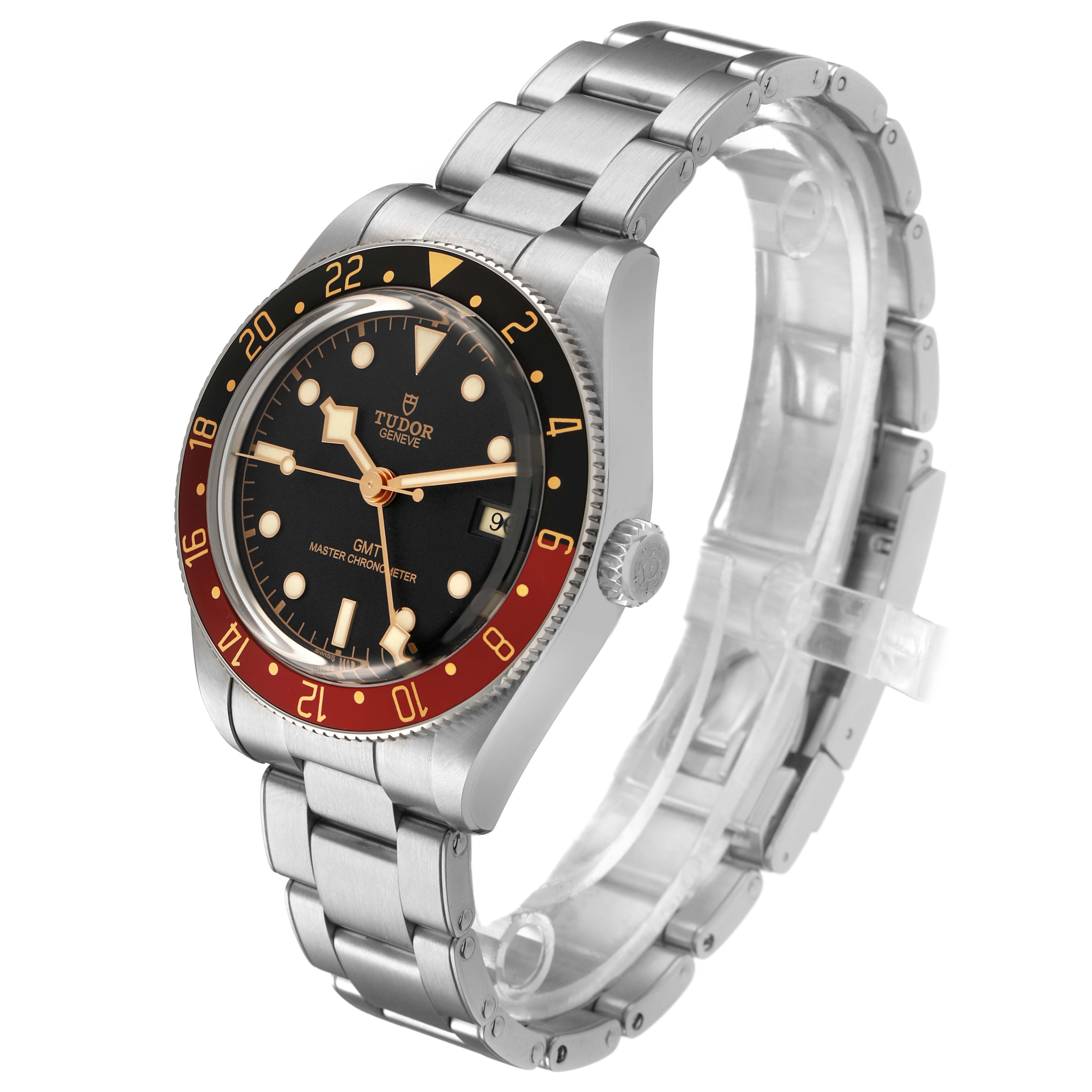 The Tudor Heritage Black Bay M7939G1A0NRU-0001 Men's Stainless Steel Black Dial watch is shown in a side profile, displaying the face, bezel, crown, and bracelet.