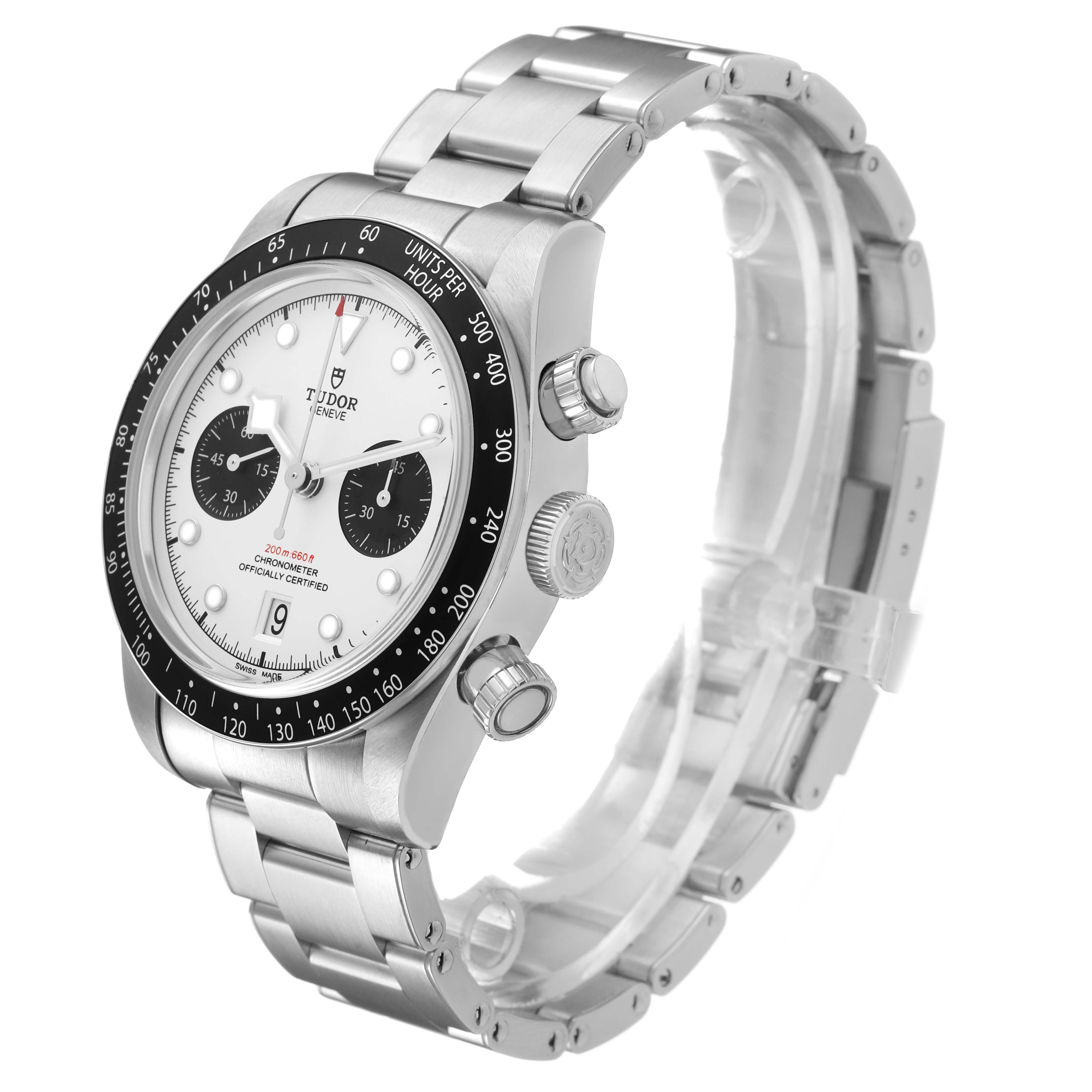 The Tudor Heritage Chrono 79360N Men's Stainless Steel Silver Dial watch is shown at a three-quarter view angle, highlighting the bezel, dial, and stainless steel bracelet.