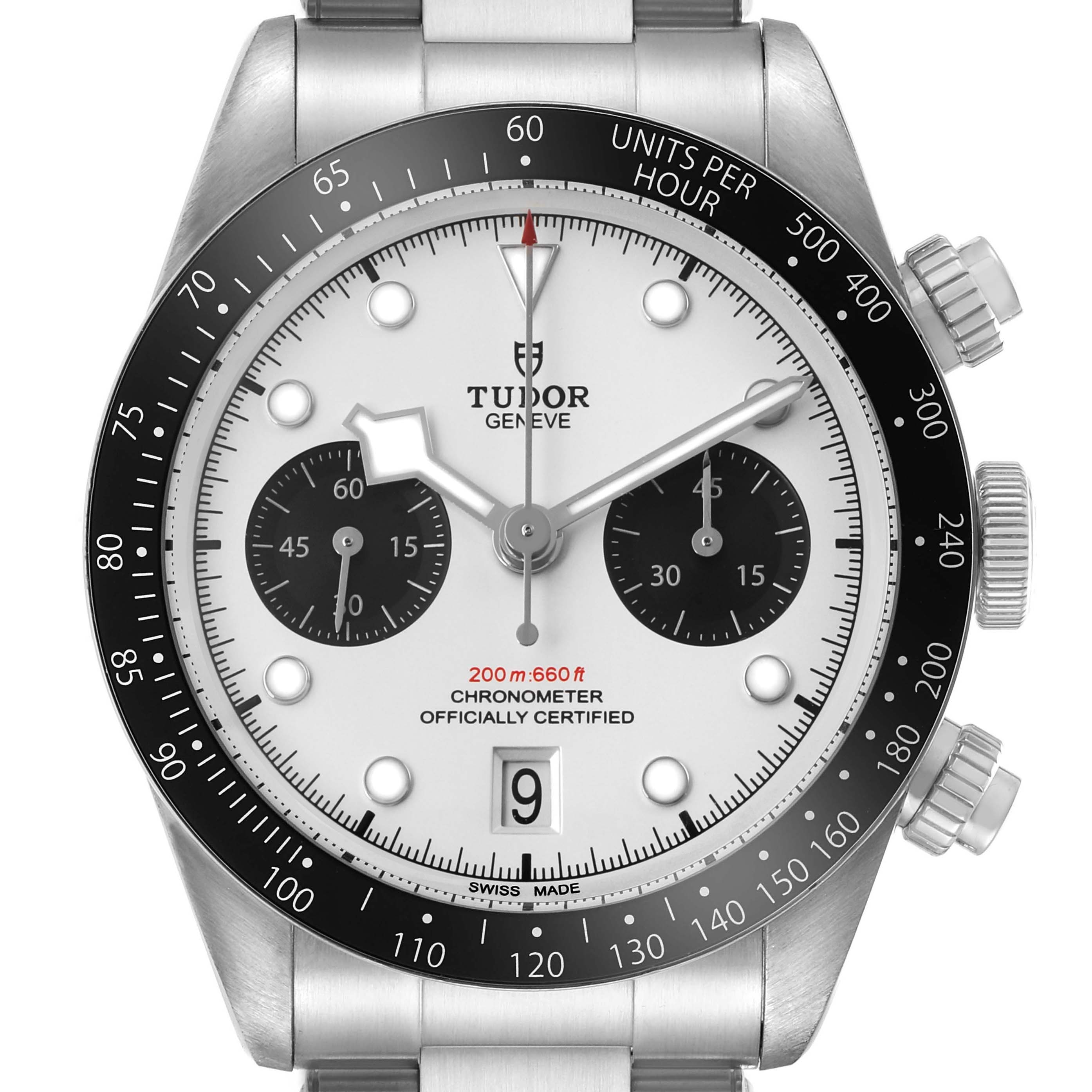 The image shows a front view of the Tudor Heritage Chrono 79360N Men's Stainless Steel Silver Dial watch, detailing its face, bezel, and crown.