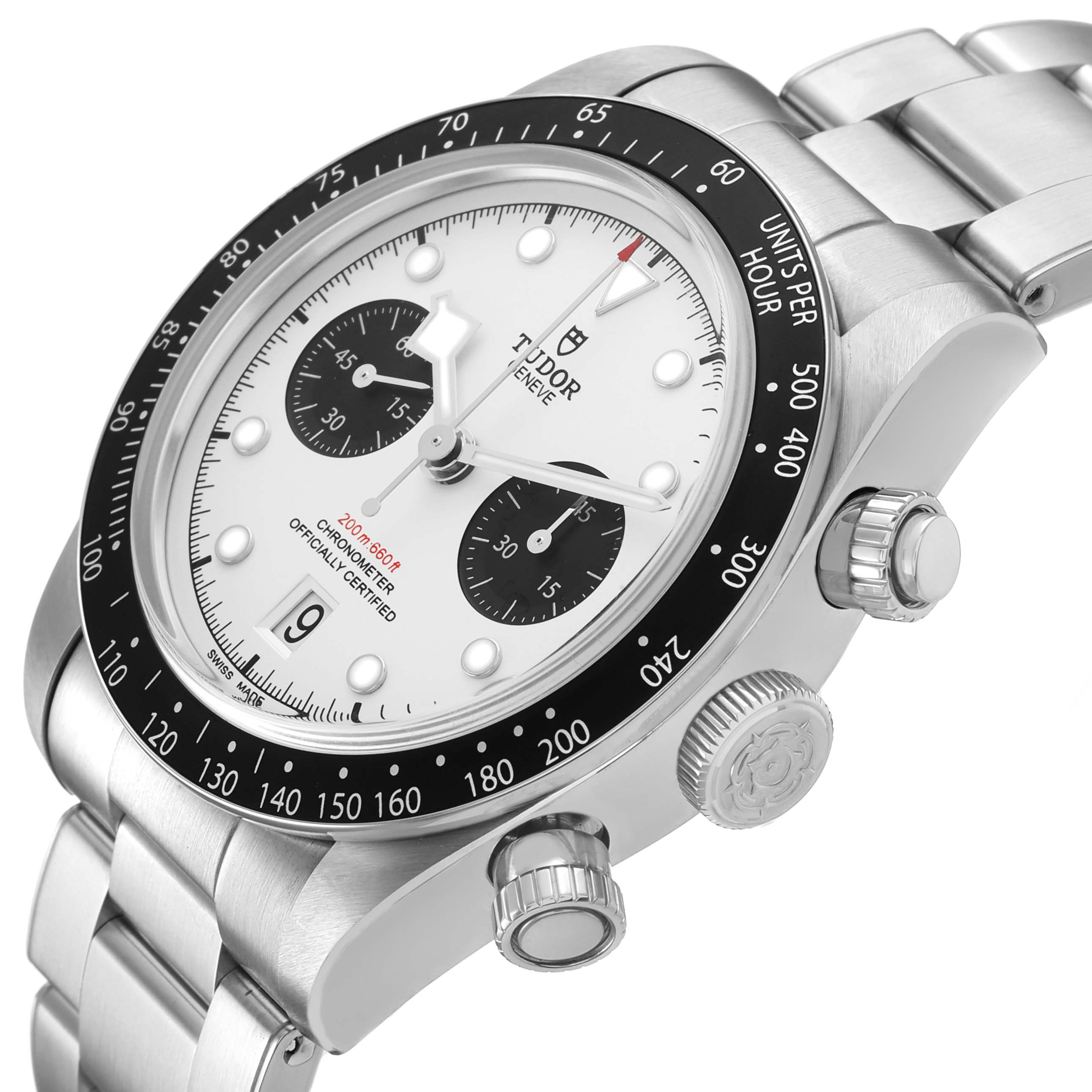 The image shows a Tudor Heritage Chrono 79360N Men's Stainless Steel Silver Dial watch at an angled side view, highlighting the bezel, dial, and crown.