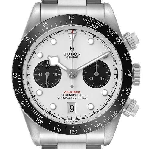 The image shows a front view of the Tudor Heritage Chrono 79360N Men's Stainless Steel Silver Dial watch, highlighting its dial, bezel, and chronometer features.