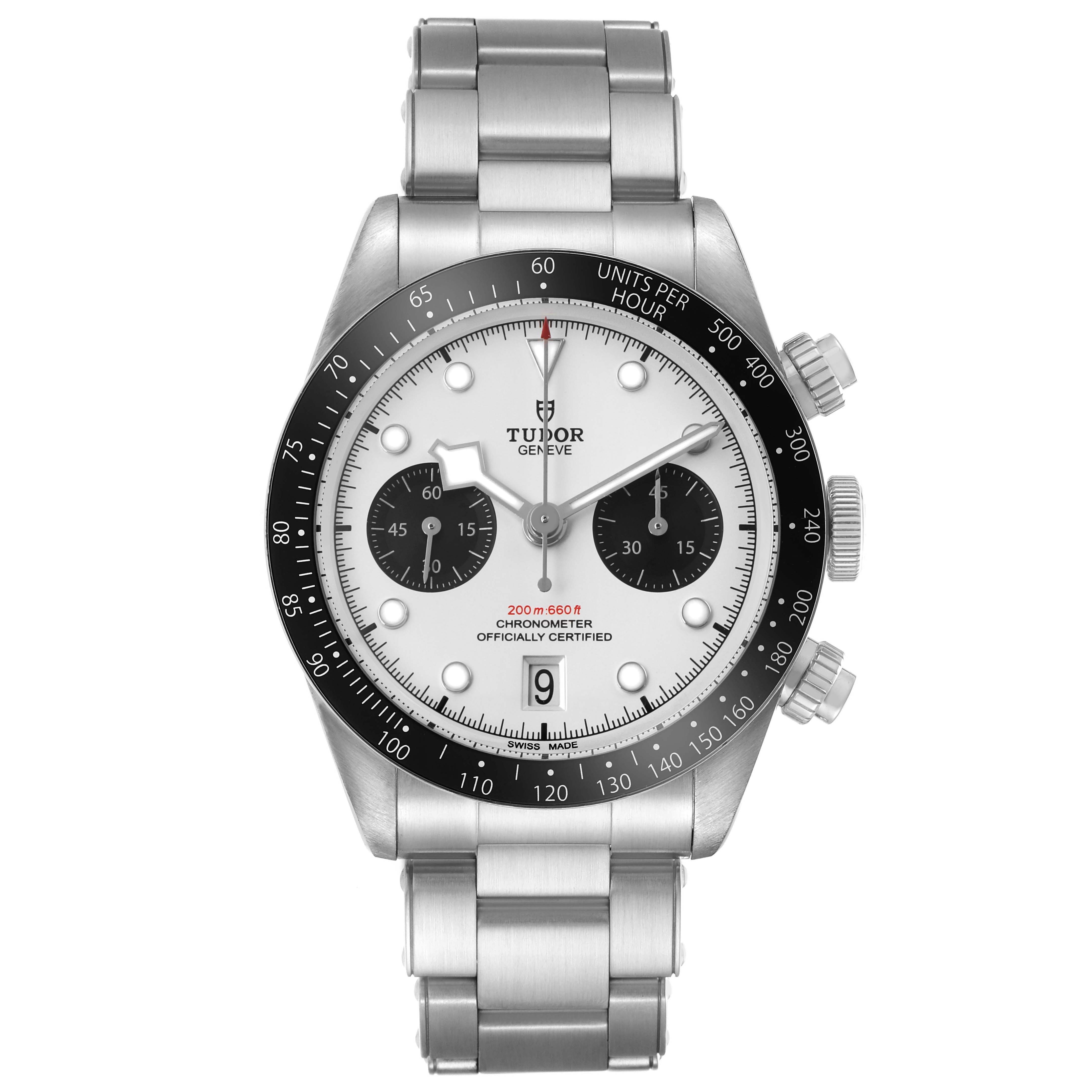 The Tudor Heritage Chrono 79360N Men's Stainless Steel Silver Dial watch is shown from the front, highlighting its dial, bezel, pushers, and bracelet.