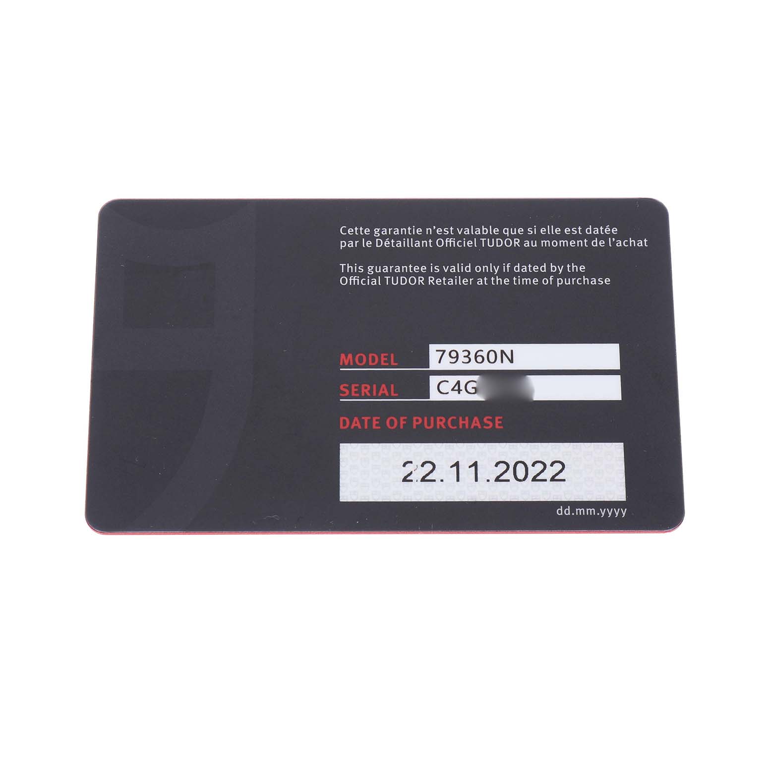 The image shows a warranty card for the Tudor Heritage Chrono 79360N Men's Stainless Steel Silver Dial, displaying the model, serial number, and date of purchase.