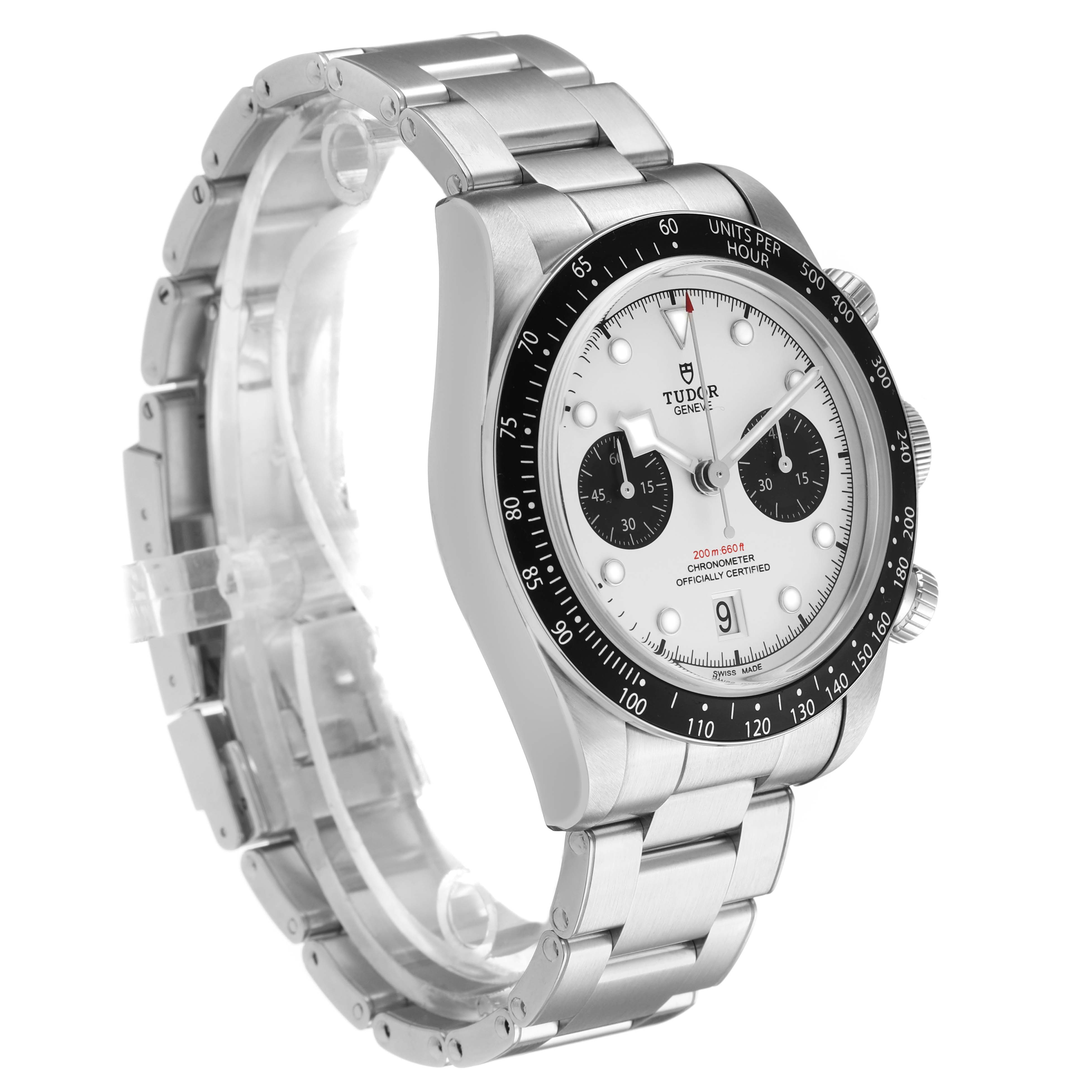 The Tudor Heritage Chrono 79360N Men's Stainless Steel Silver Dial watch is shown at a side angle, displaying the bezel, dial, and stainless steel bracelet.