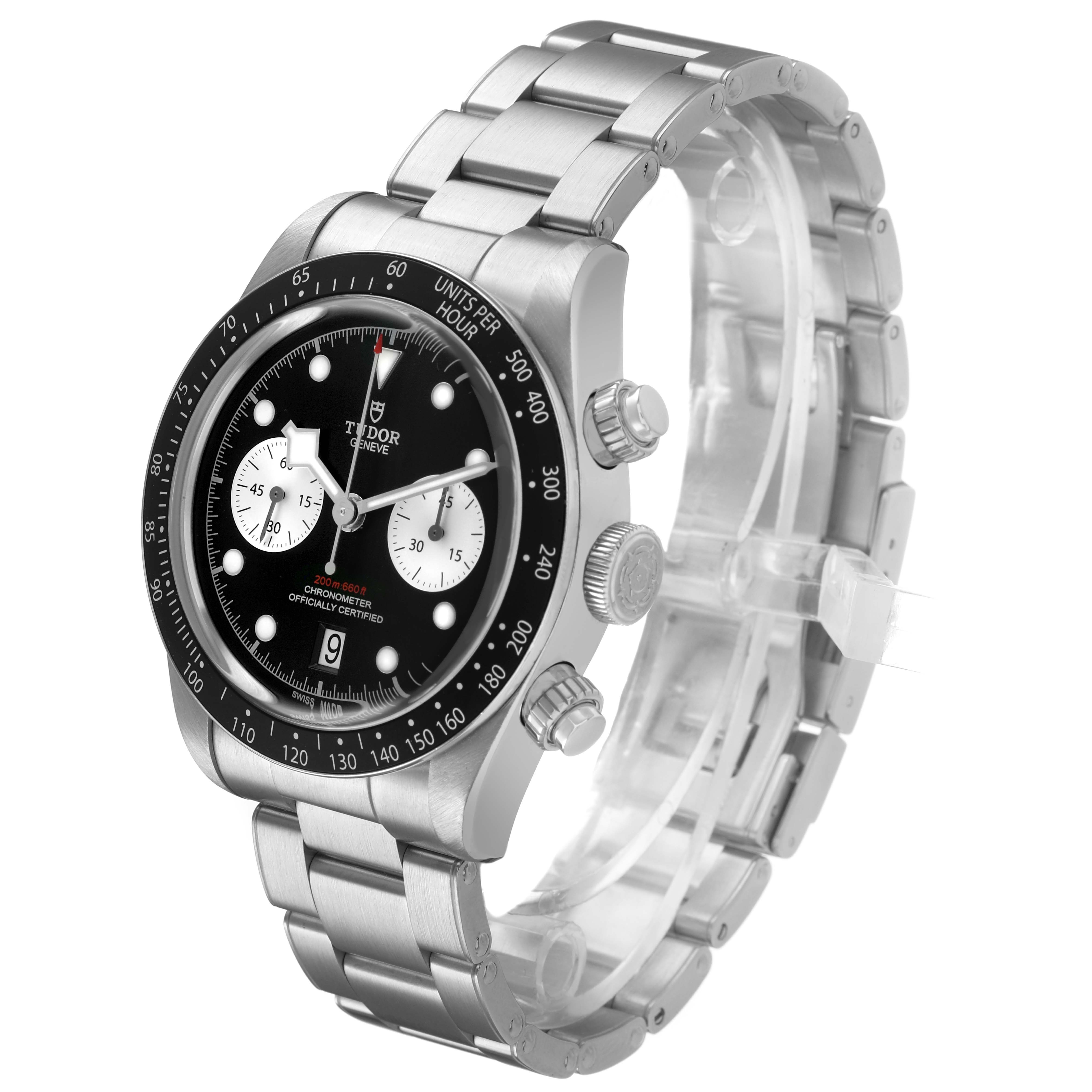 The Tudor Heritage Chrono 79360N-0001 Men's Stainless Steel Black Dial watch is shown at a three-quarter angle, displaying the face, bezel, and bracelet.
