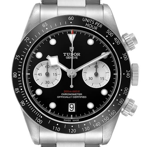The Tudor Heritage Chrono 79360N-0001 Men's Stainless Steel Black Dial watch is shown from a front angle, displaying its dial, bezel, and crown.