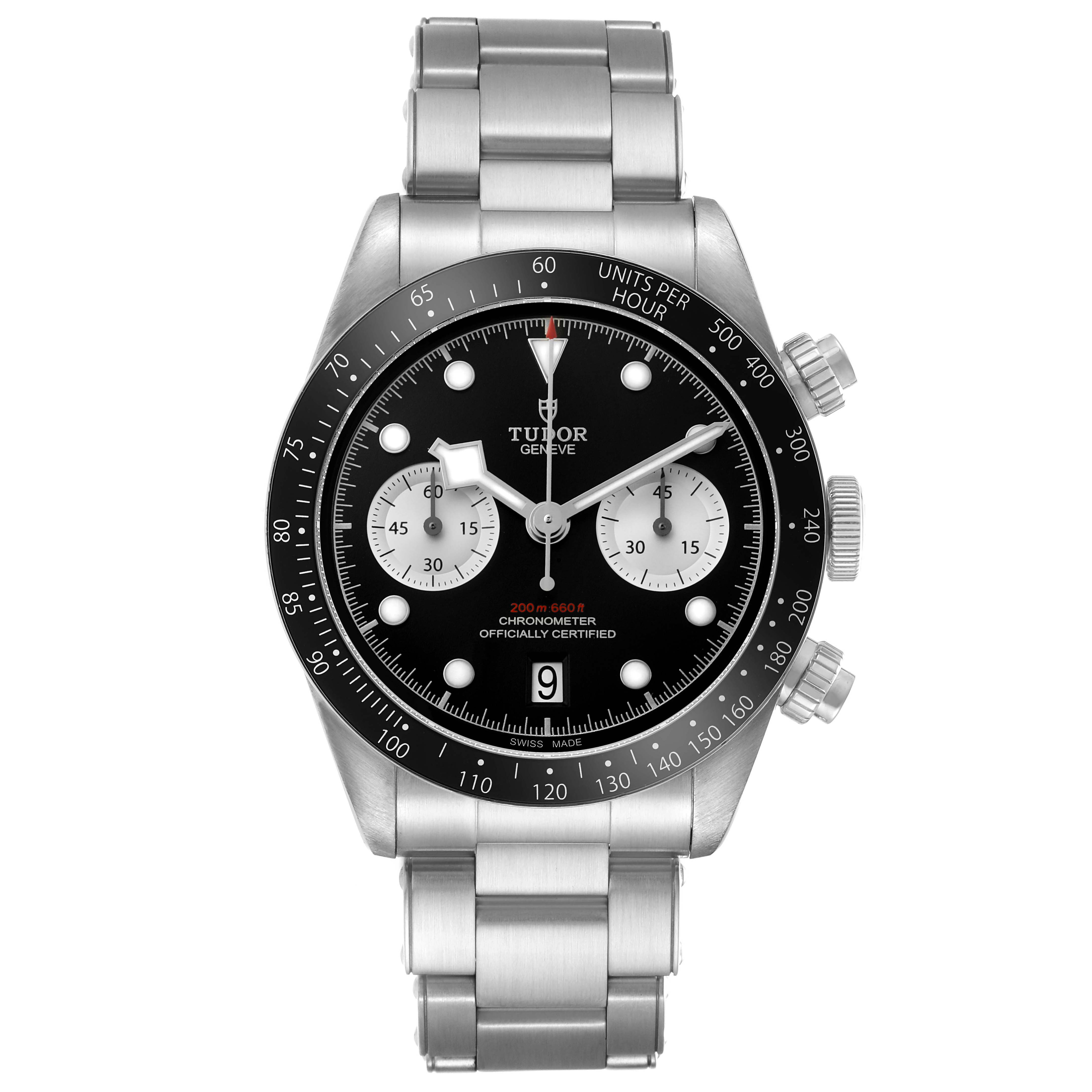 The Tudor Heritage Chrono 79360N-0001 Men's Stainless Steel Black Dial watch is shown from the front, displaying the dial, bezel, pushers, and stainless steel bracelet.