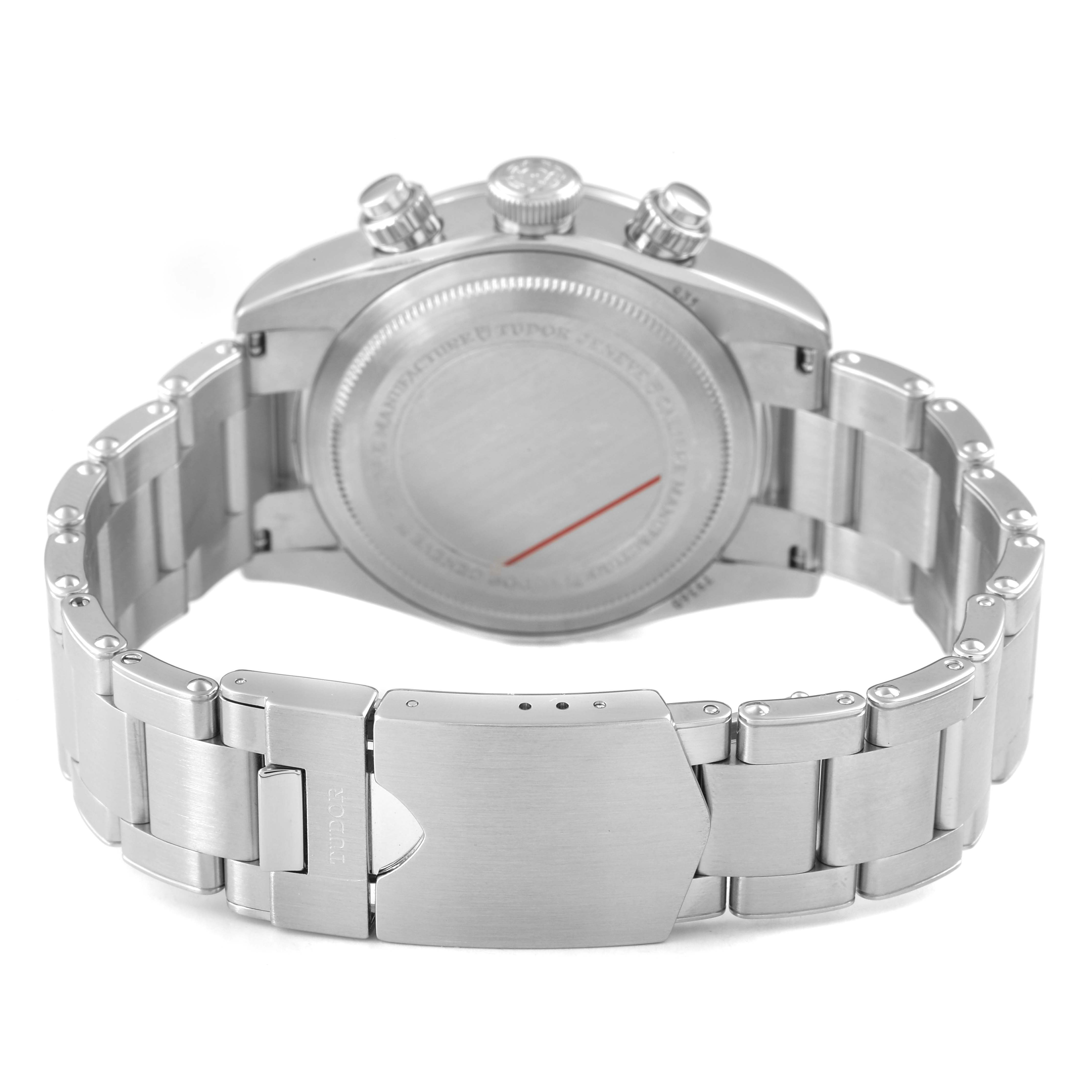 The image shows the back view of the Tudor Heritage Chrono 79360N-0001 Men's Stainless Steel Black Dial, highlighting the case back, bracelet, and clasp.