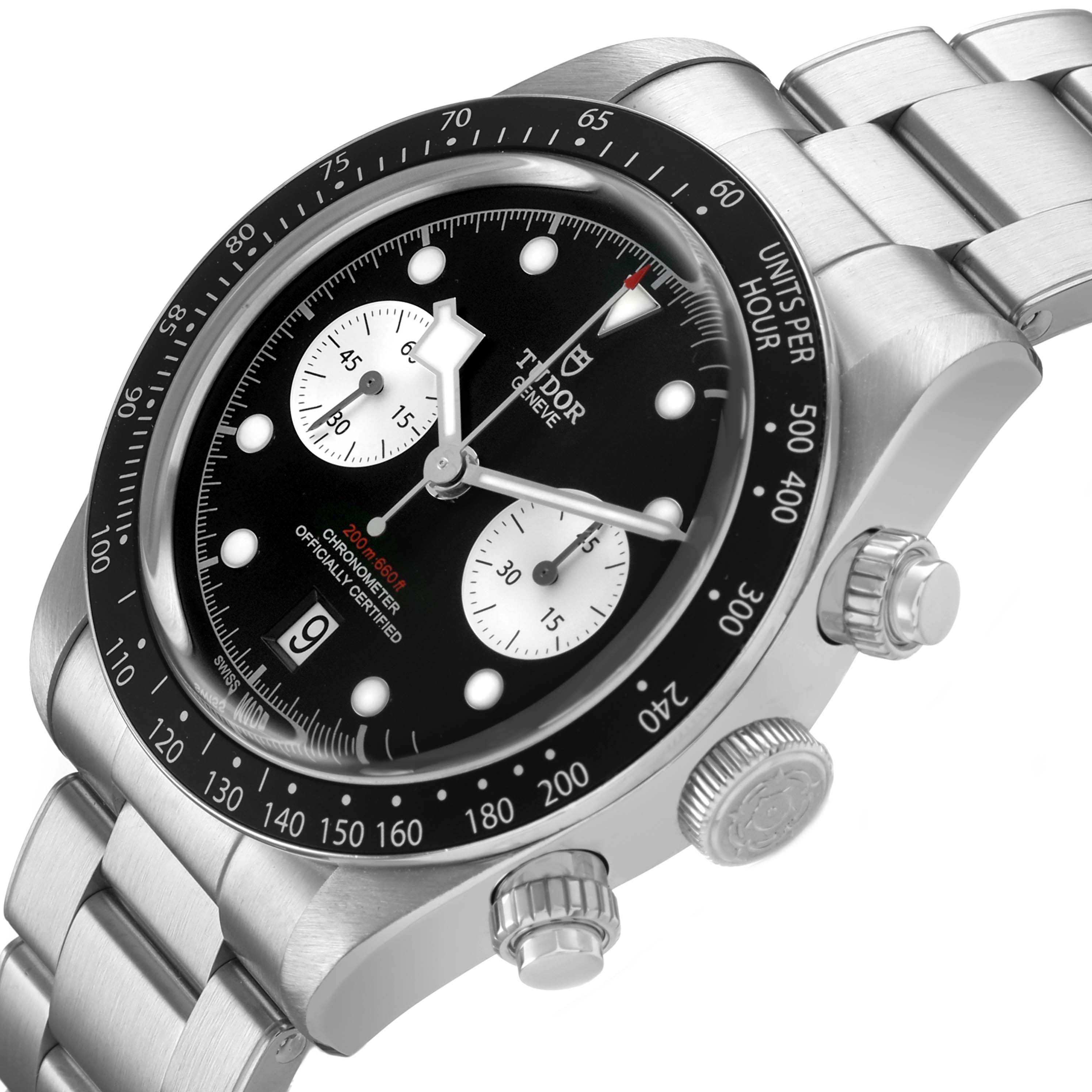 The Tudor Heritage Chrono 79360N-0001 Men's Stainless Steel Black Dial watch is shown at an angled side view, highlighting the dial, bezel, crown, and pushers.