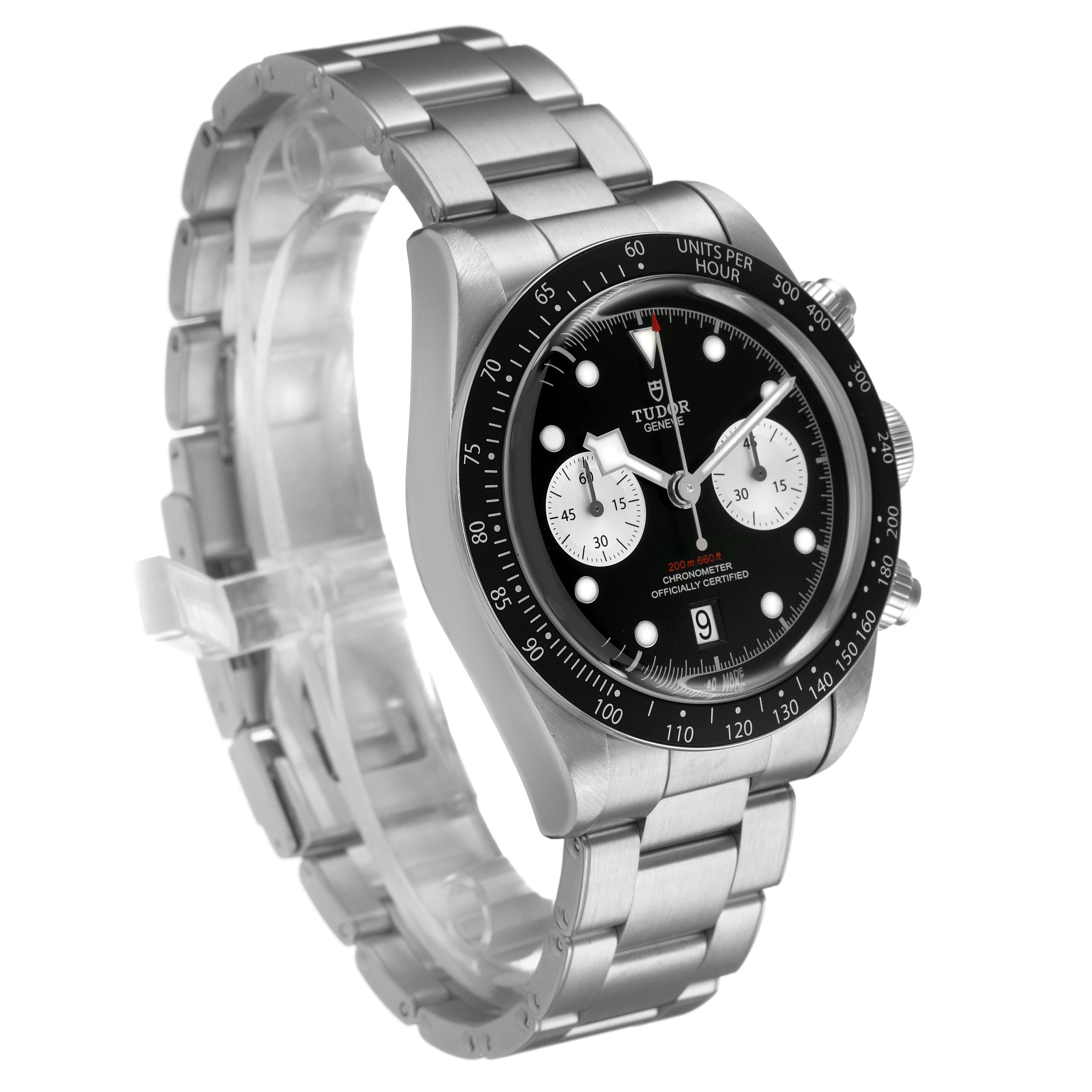 The Tudor Heritage Chrono 79360N-0001 Men's Stainless Steel Black Dial watch is shown at a three-quarter angle displaying the face, bezel, bracelet, and side pushers.