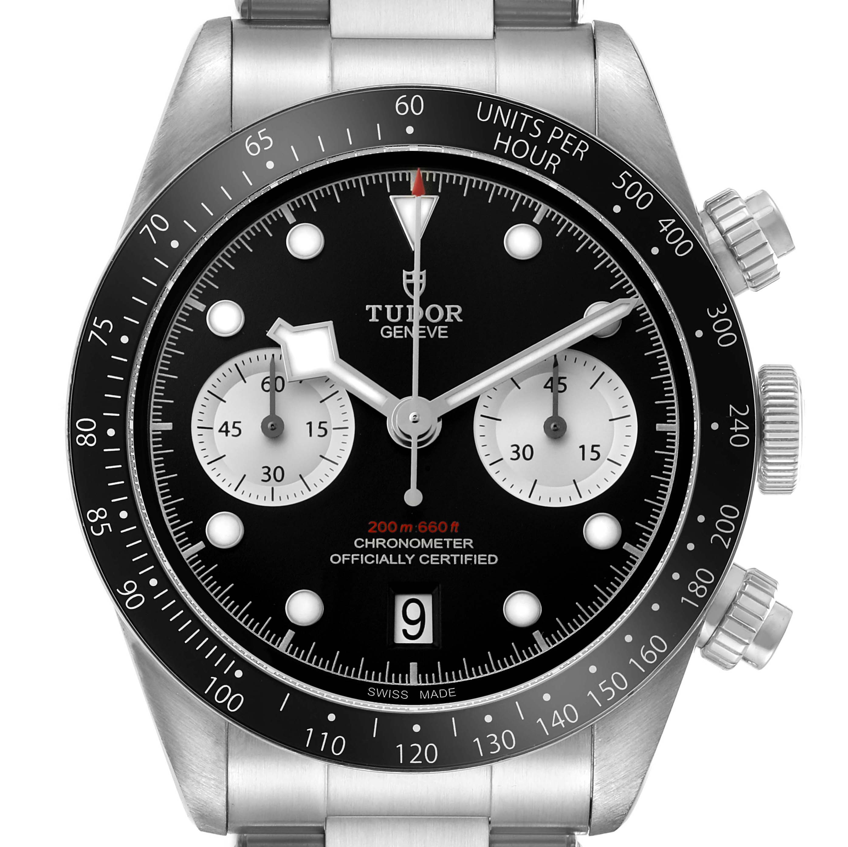 The Tudor Heritage Chrono 79360N-0001 Men's Stainless Steel Black Dial watch is shown from a front angle, displaying its dial, bezel, and chronograph subdials.
