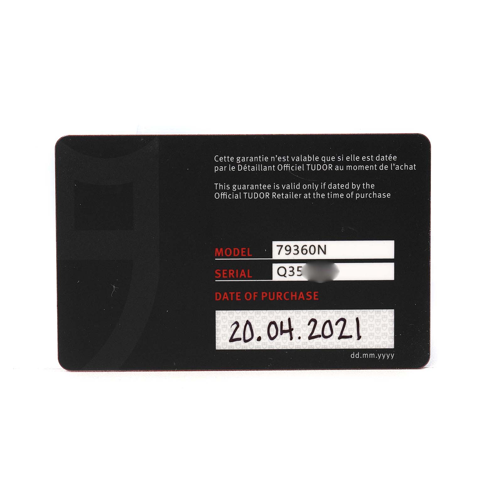 This image shows a warranty card for the Tudor Heritage Chrono 79360N-0001 Men's Stainless Steel Black Dial watch model.
