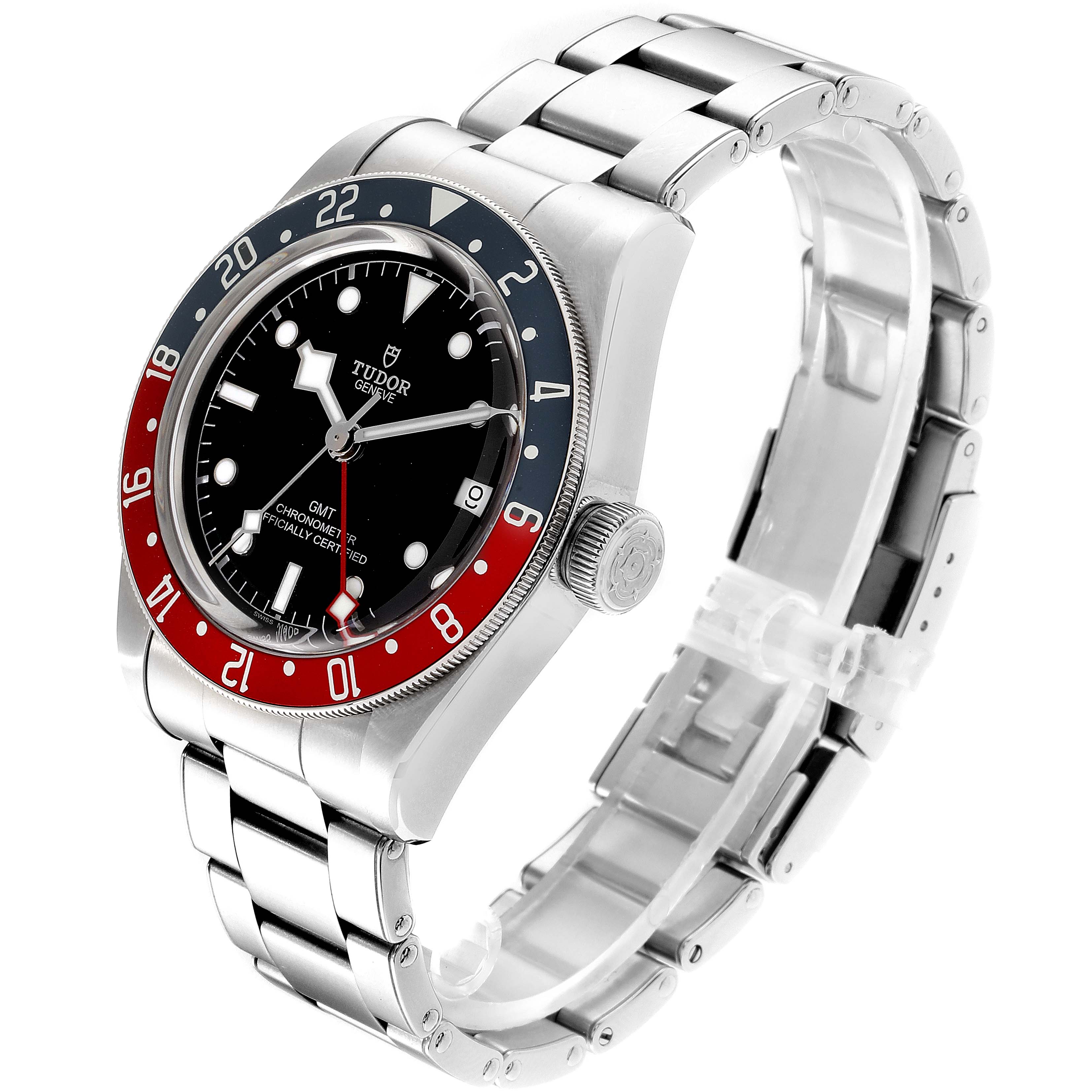 A Heritage Black Bay model by Tudor is shown at an angle, featuring the face, bezel, crown, and bracelet.