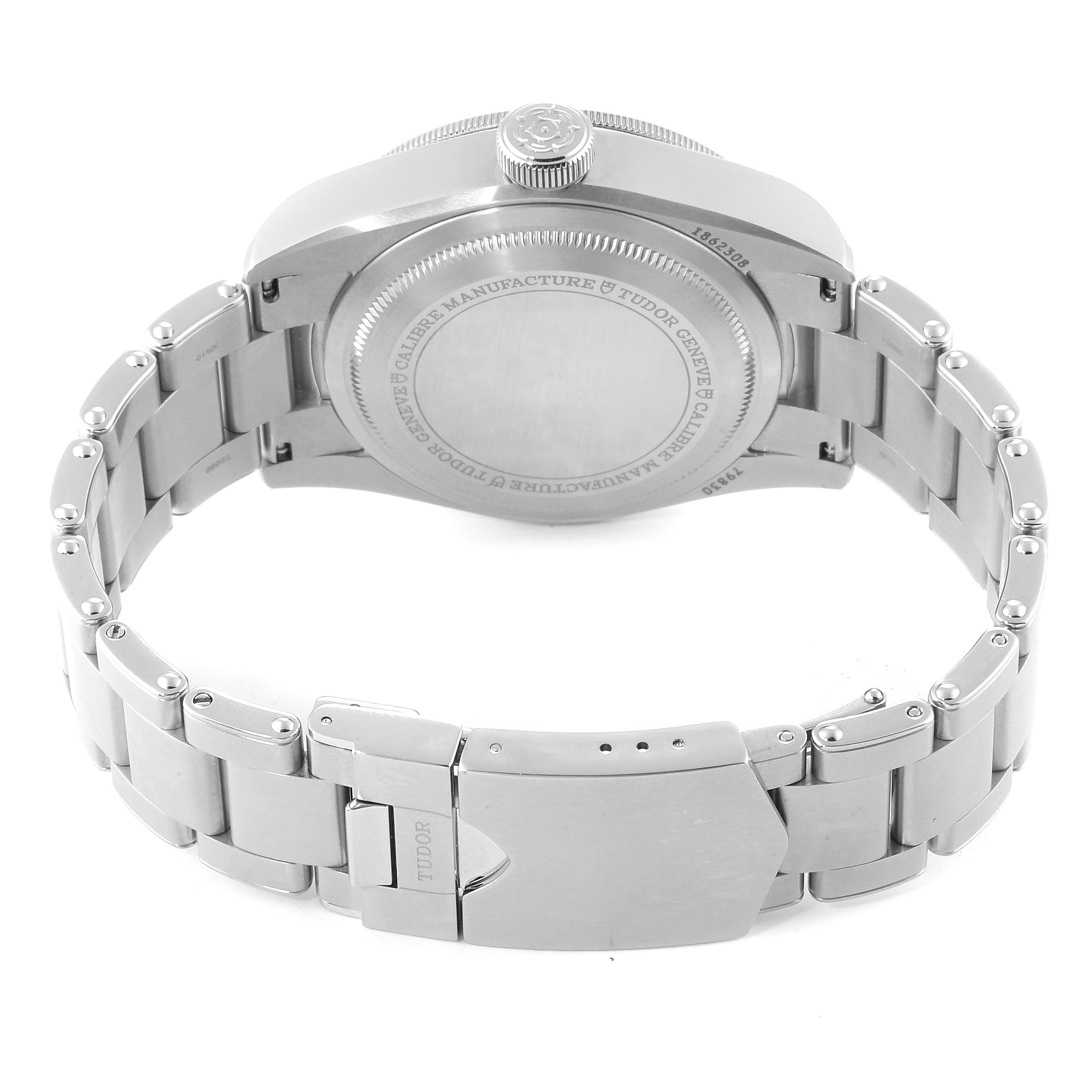 This image shows the back case and metal bracelet of a Tudor Heritage Black Bay 79830RB Men
s Stainless Steel Black Dial 79830RB Men
s Stainless Steel Black Dial watch.