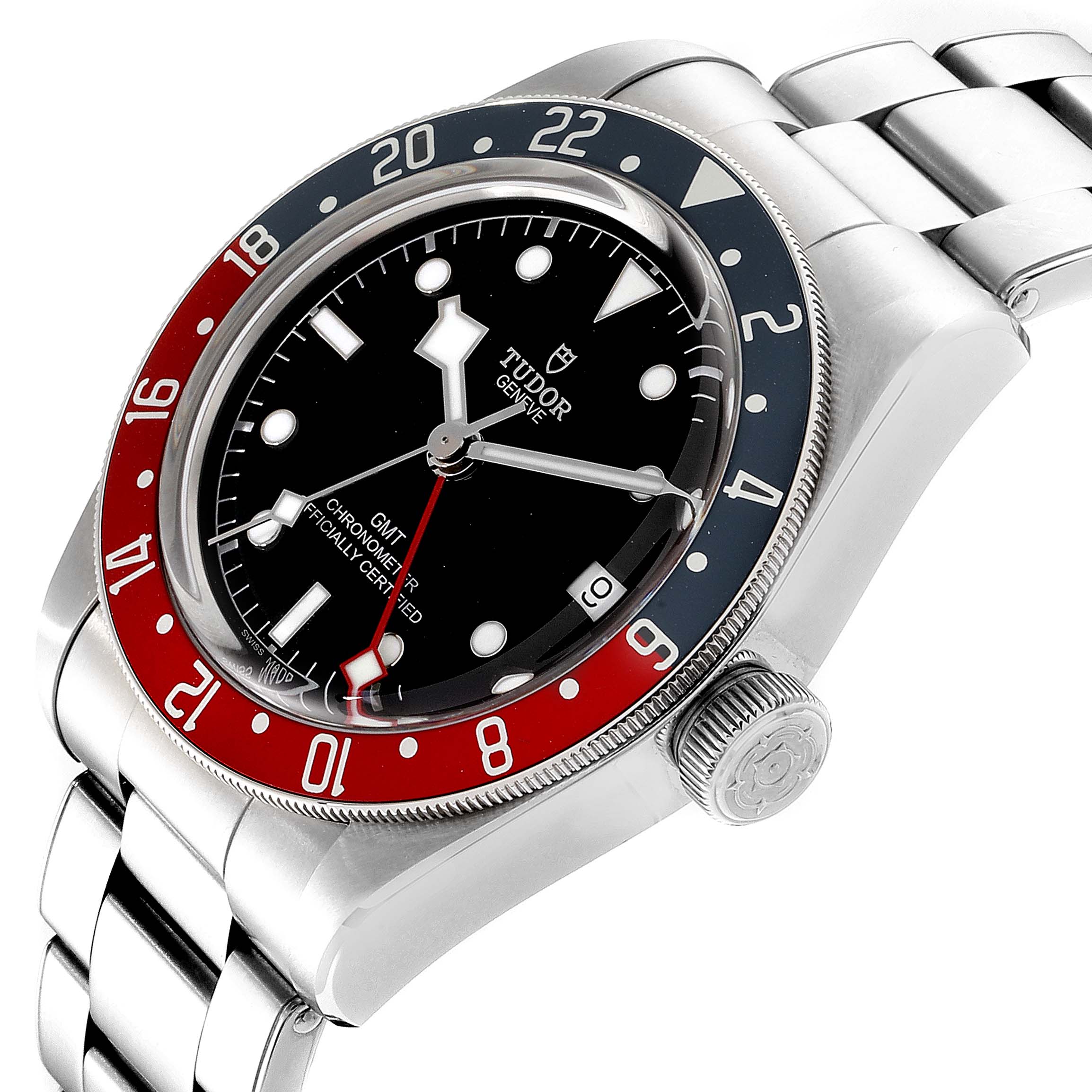 This image shows the Tudor Heritage Black Bay 79830RB Men
s Stainless Steel Black Dial 79830RB Men
s Stainless Steel Black Dial watch at a three-quarter angle, highlighting the bezel, dial, crown, and bracelet.