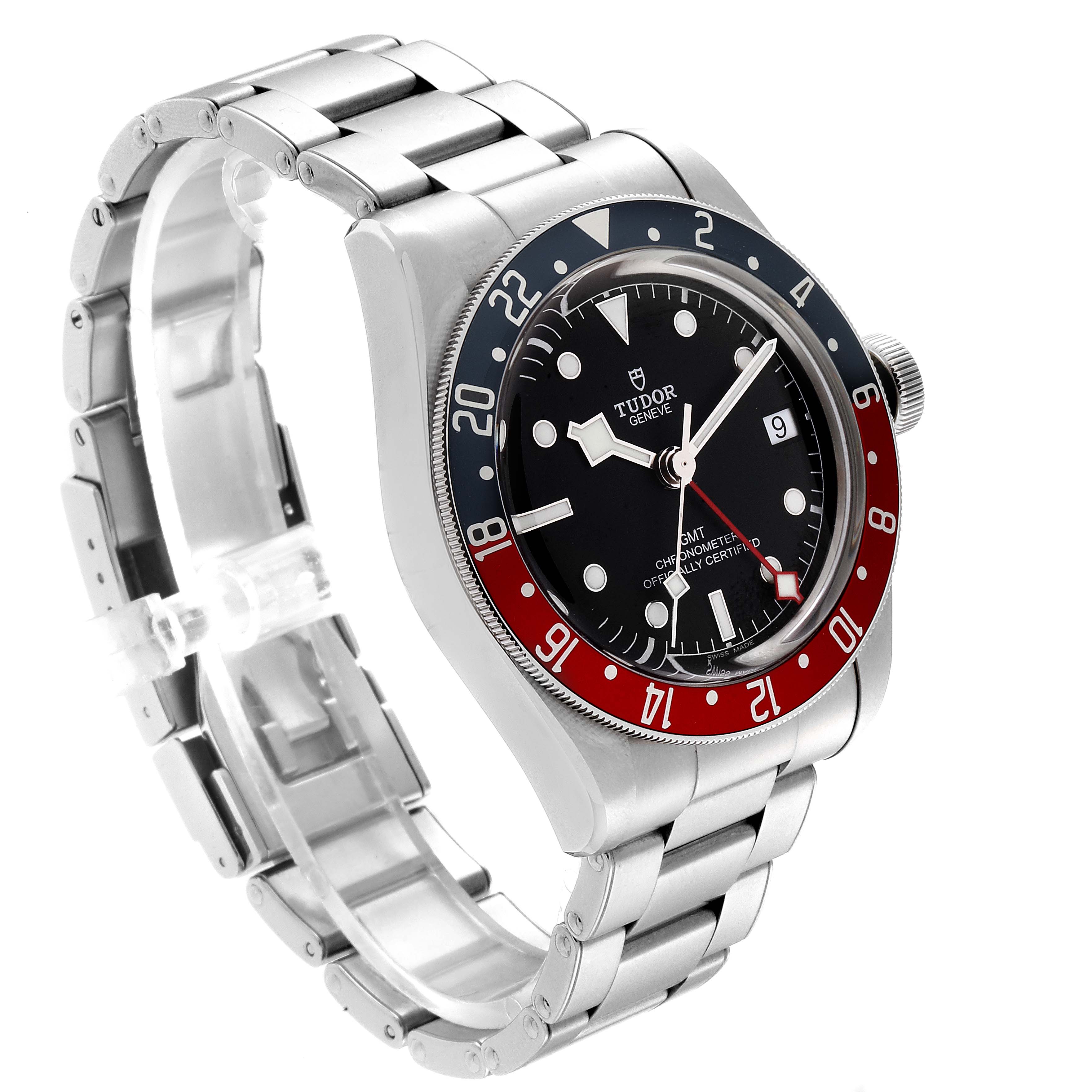 The image shows a Tudor Heritage Black Bay 79830RB Men
s Stainless Steel Black Dial 79830RB Men
s Stainless Steel Black Dial watch from an angled side view, displaying the face, bezel, and bracelet.